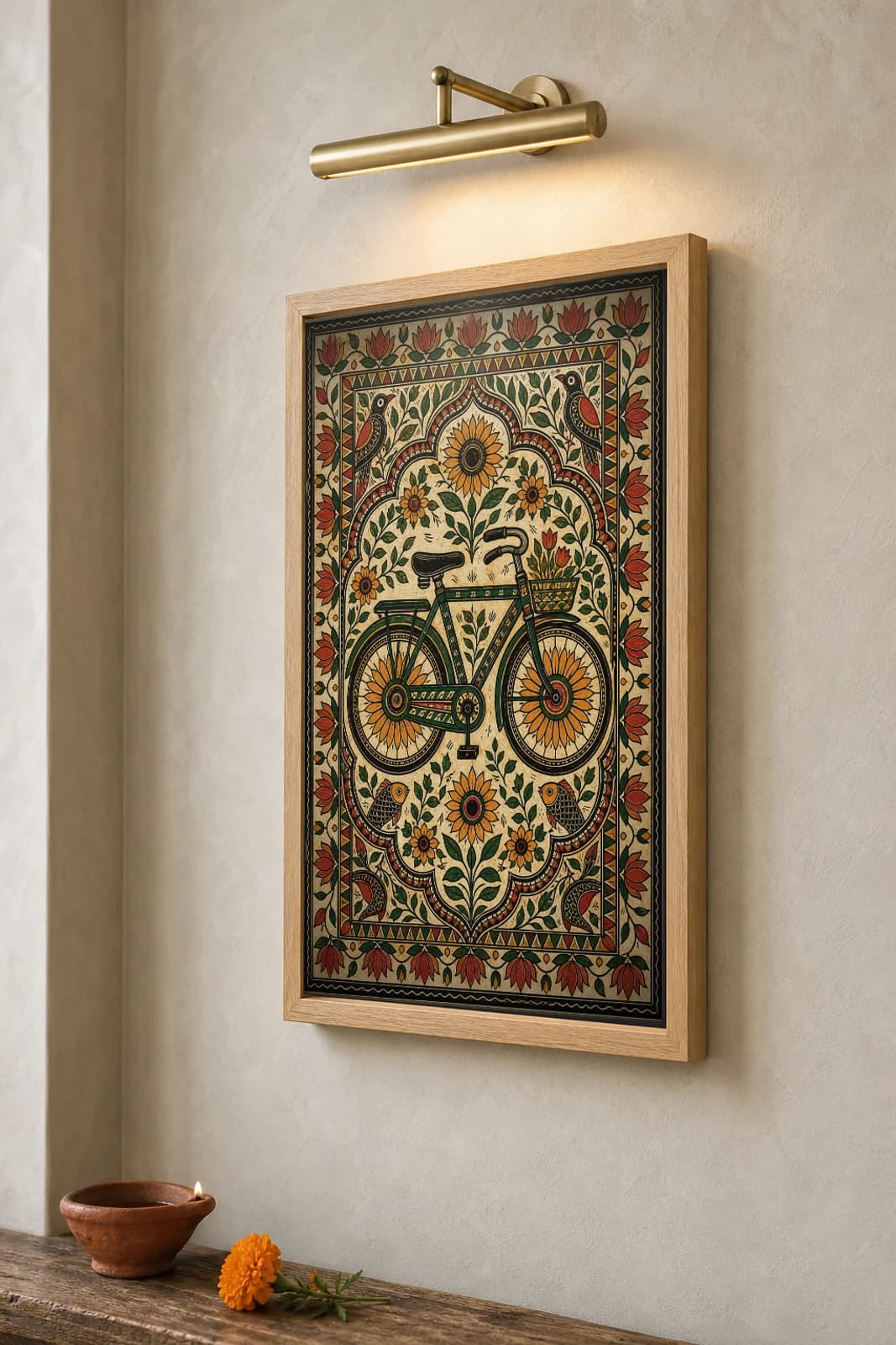 Village Bicycle Madhubani Poster — bharni Mithila folk art wall decor · framed A2 · Madhubani, Mithila, Bihar — the framed print shown at a three-quarter angle on a styled gallery wall in a natural-oak frame