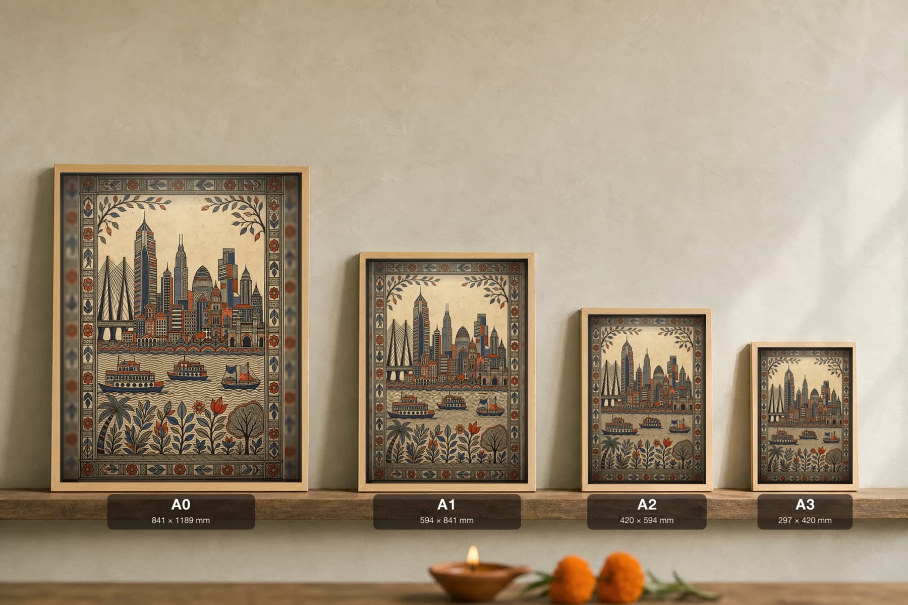 City Skyline Madhubani Poster — kachni Mithila folk art wall decor · framed A2 · Mumbai, Maharashtra — Mithila folk grammar applied to coastal megacity skyline — print size guide showing the artwork at A0, A1, A2 and A3 in natural-oak frames at true relative scale
