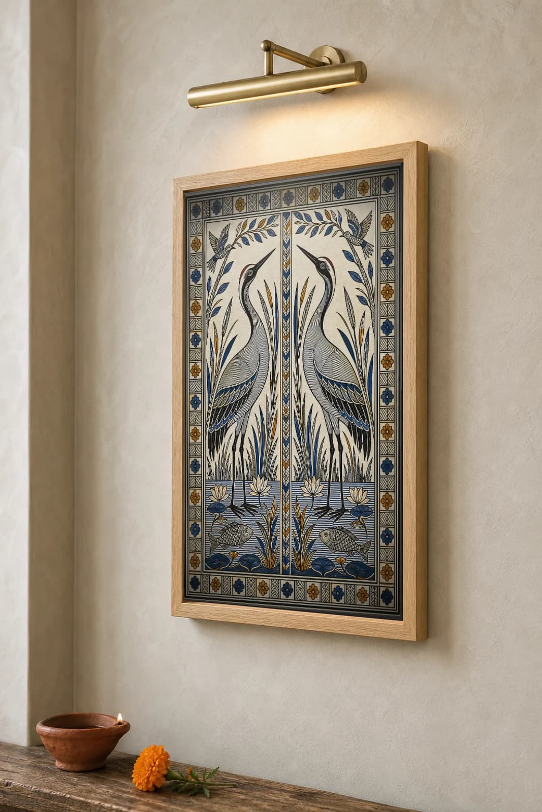 Crane Pair in Monsoon Wetland Madhubani Poster — kachni Mithila folk art wall decor · framed A2 · Darbhanga, Mithila (Bihar) — wetland bird grammar from north Bihar monsoon scenes — the framed print shown at a three-quarter angle on a styled gallery wall in a natural-oak frame