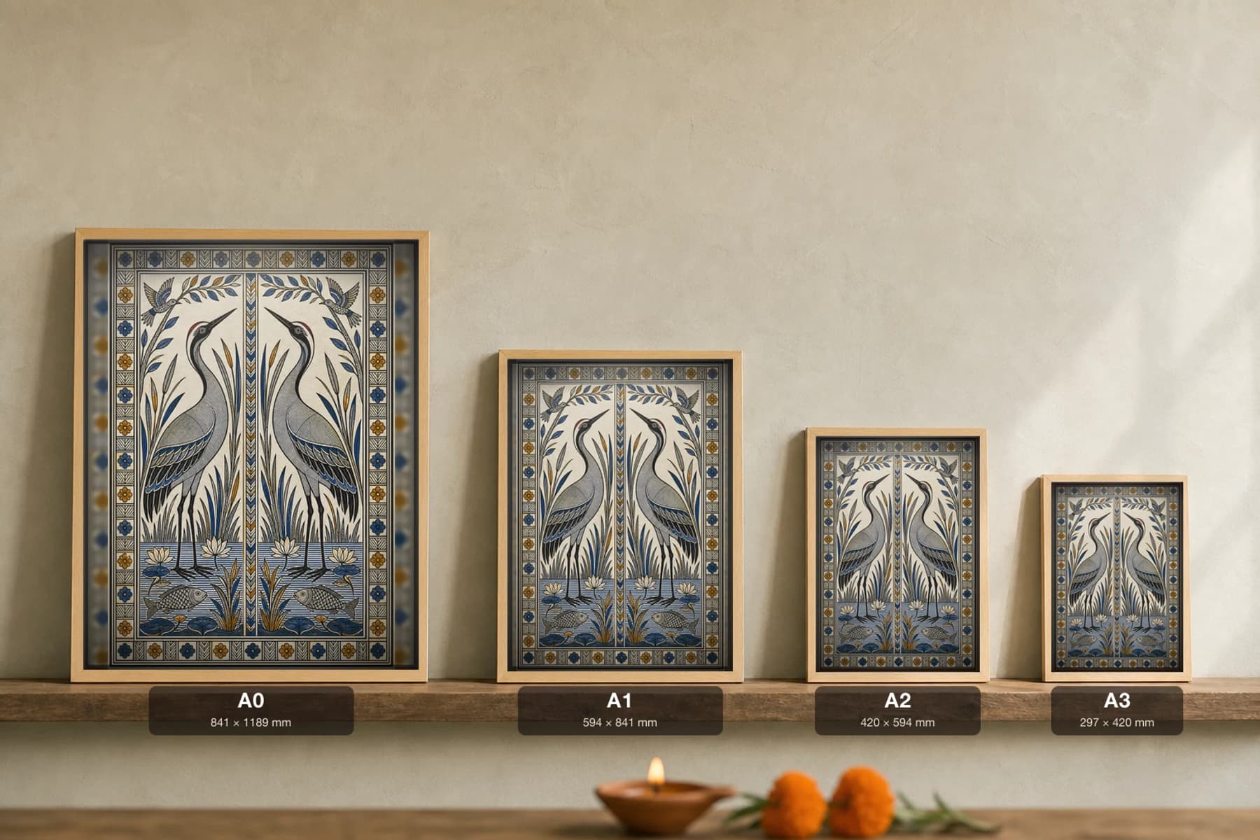 Crane Pair in Monsoon Wetland Madhubani Poster — kachni Mithila folk art wall decor · framed A2 · Darbhanga, Mithila (Bihar) — wetland bird grammar from north Bihar monsoon scenes — print size guide showing the artwork at A0, A1, A2 and A3 in natural-oak frames at true relative scale