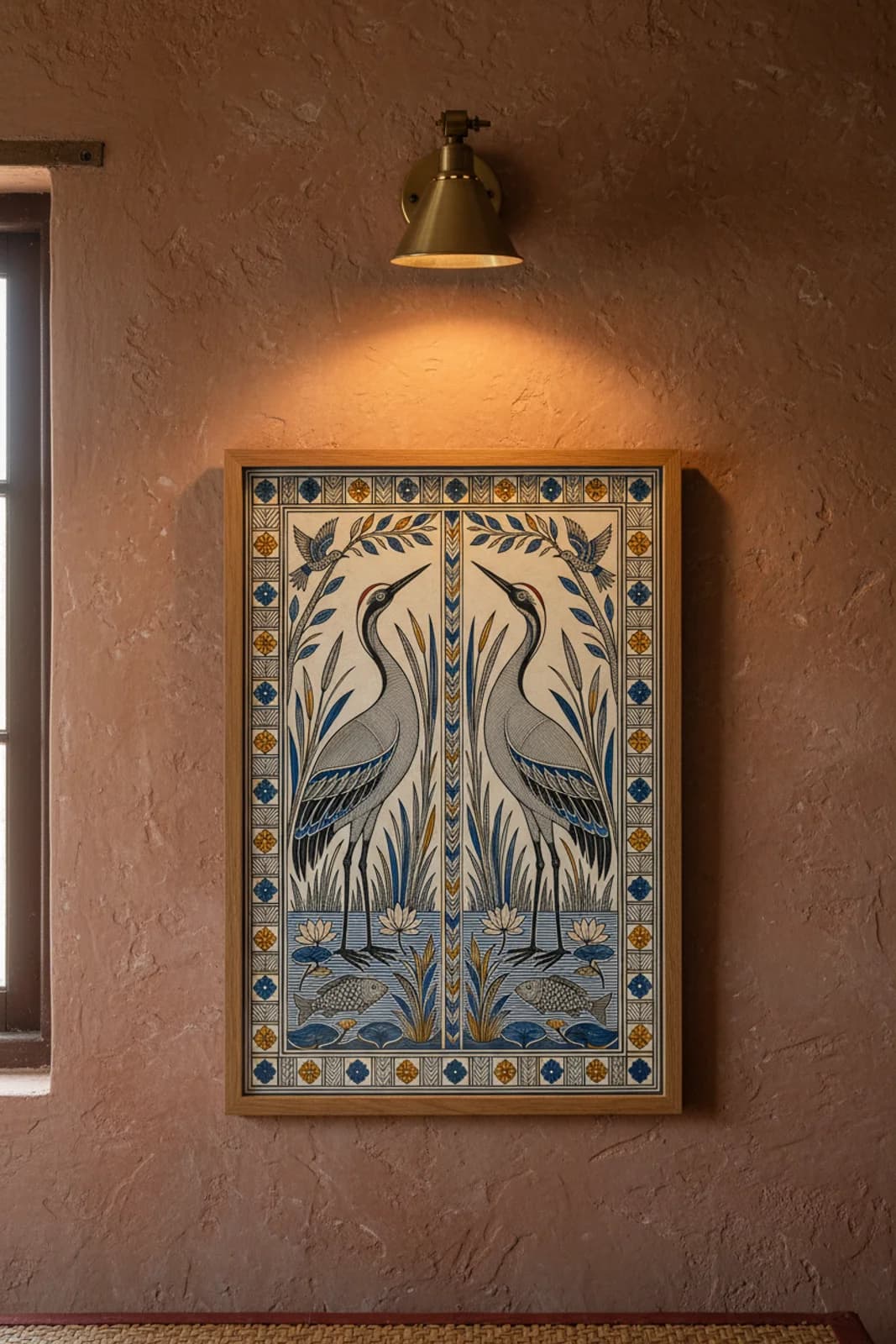 Crane Wetland Madhubani print in natural_oak A2 frame on indigo-blue terracotta limewash wall — Mithila folk art mockup