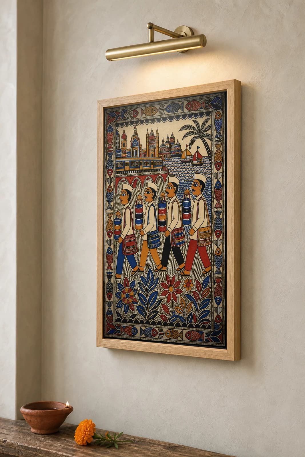 Mumbai Dabbawala Tiffin Procession Madhubani Poster — bharni Mithila folk art wall decor · framed A2 · Mithila (Bihar) grammar applied to Mumbai lunch-delivery culture and coastal commuter landscape — the framed print shown at a three-quarter angle on a styled gallery wall in a natural-oak frame