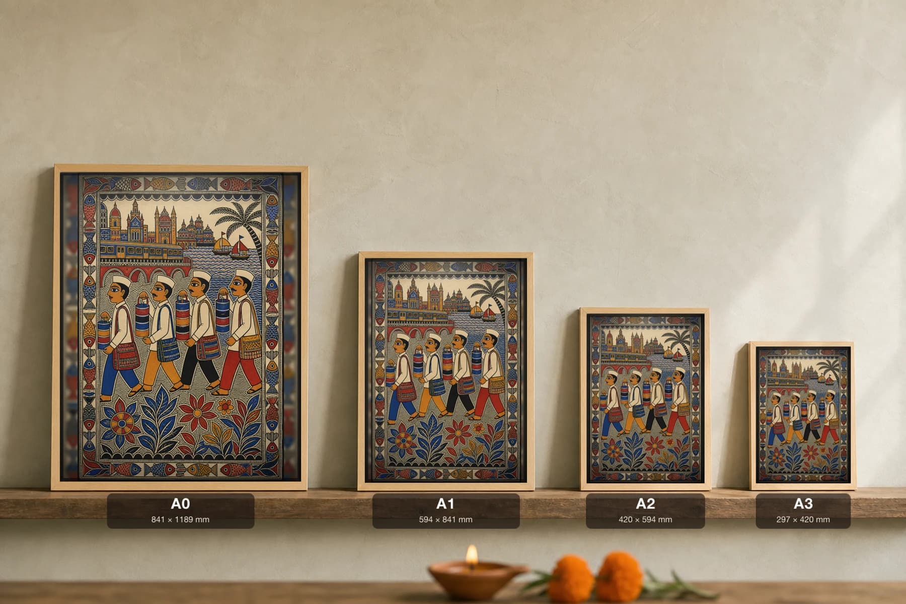 Mumbai Dabbawala Tiffin Procession Madhubani Poster — bharni Mithila folk art wall decor · framed A2 · Mithila (Bihar) grammar applied to Mumbai lunch-delivery culture and coastal commuter landscape — print size guide showing the artwork at A0, A1, A2 and A3 in natural-oak frames at true relative scale