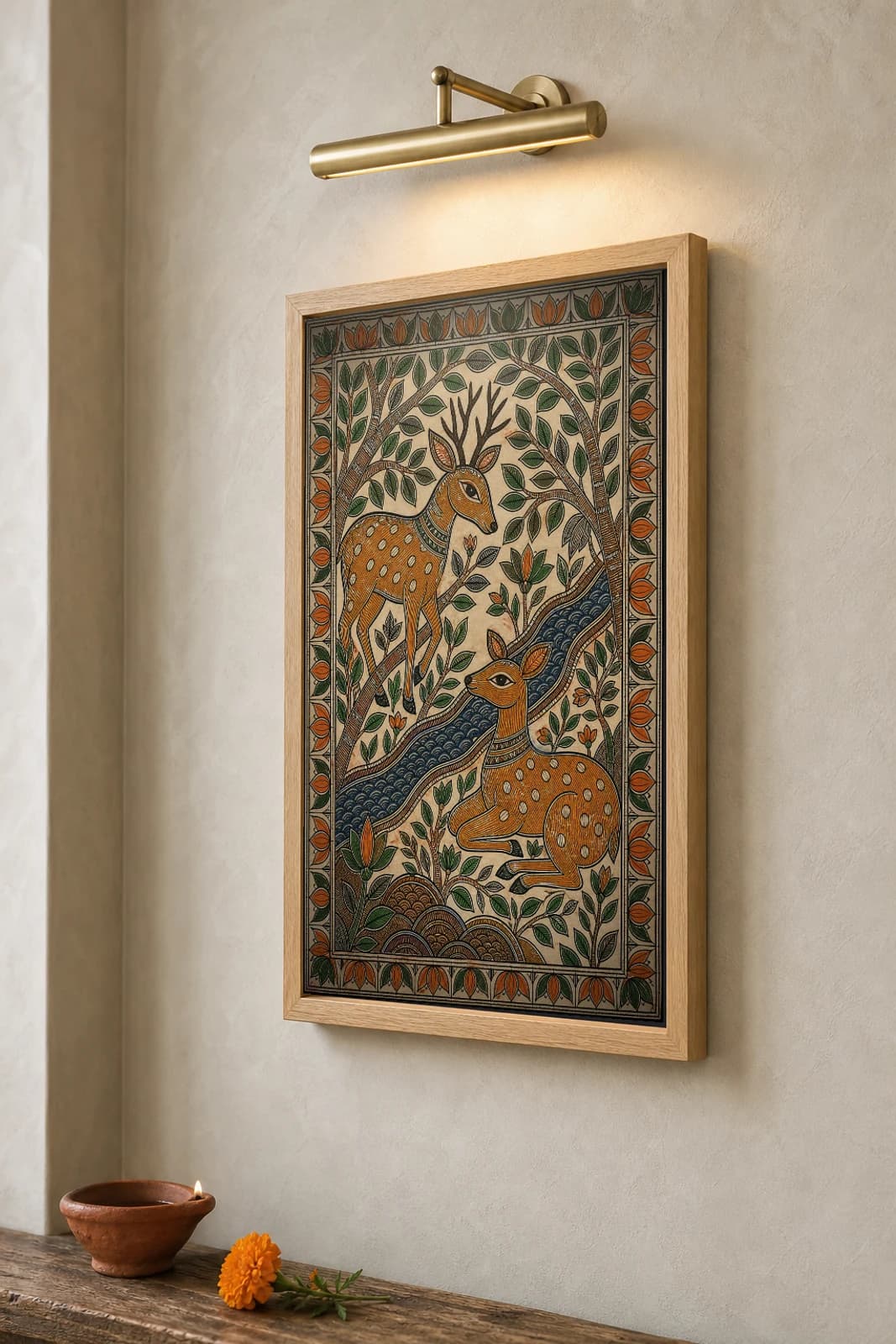 Deer Forest Madhubani Poster — kachni Mithila folk art wall decor · framed A2 · Madhubani — the framed print shown at a three-quarter angle on a styled gallery wall in a natural-oak frame