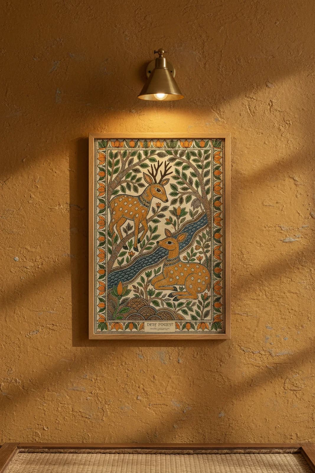 Deer Forest Madhubani print in natural_oak A2 frame on ochre-yellow terracotta limewash wall — Mithila folk art mockup