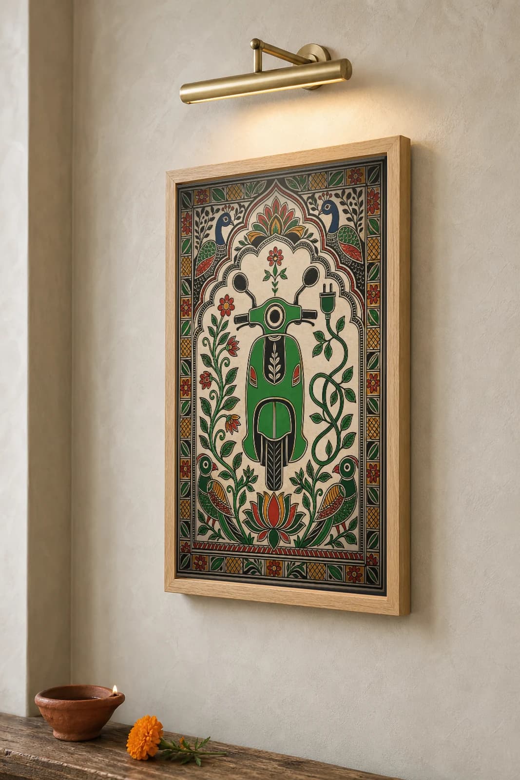 EV Scooter Charging Vine Madhubani Poster — bharni Mithila folk art wall decor · framed A2 · Mithila (Bihar) grammar applied to Delhi NCR urban electric mobility theme — the framed print shown at a three-quarter angle on a styled gallery wall in a natural-oak frame