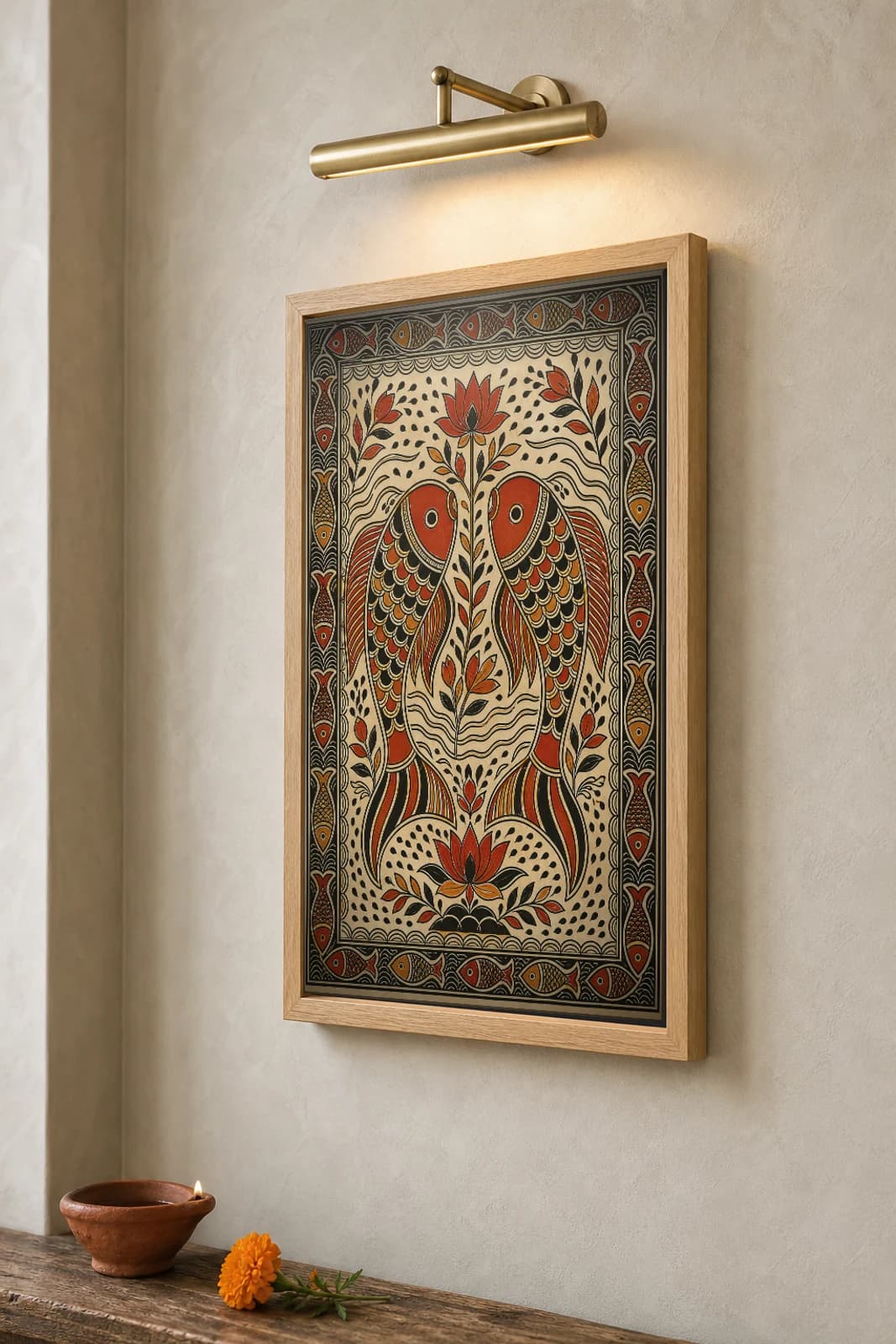 Paired Fish River Madhubani Poster — bharni Mithila folk art wall decor · framed A2 · Madhubani — the framed print shown at a three-quarter angle on a styled gallery wall in a natural-oak frame