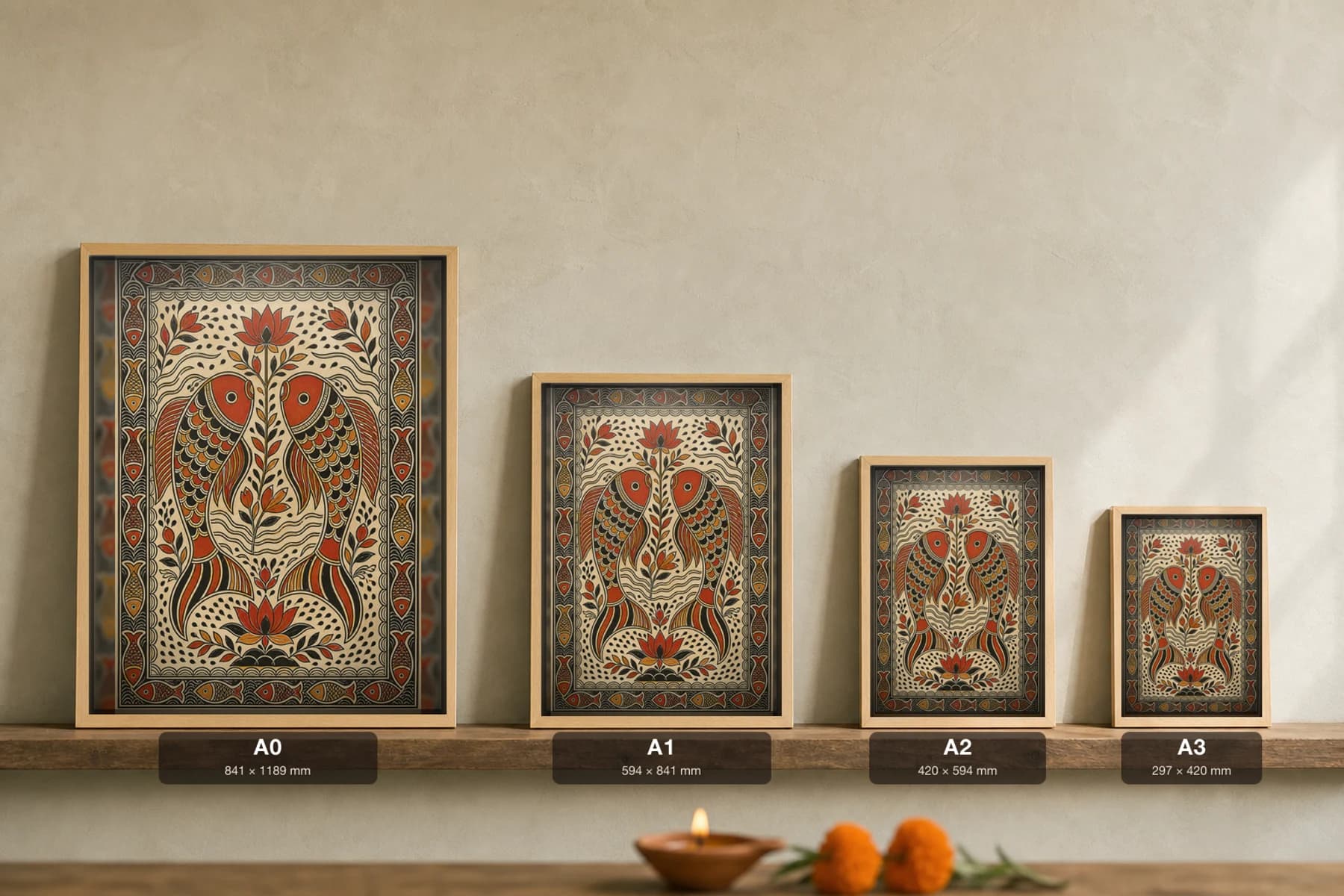Paired Fish River Madhubani Poster — bharni Mithila folk art wall decor · framed A2 · Madhubani — print size guide showing the artwork at A0, A1, A2 and A3 in natural-oak frames at true relative scale