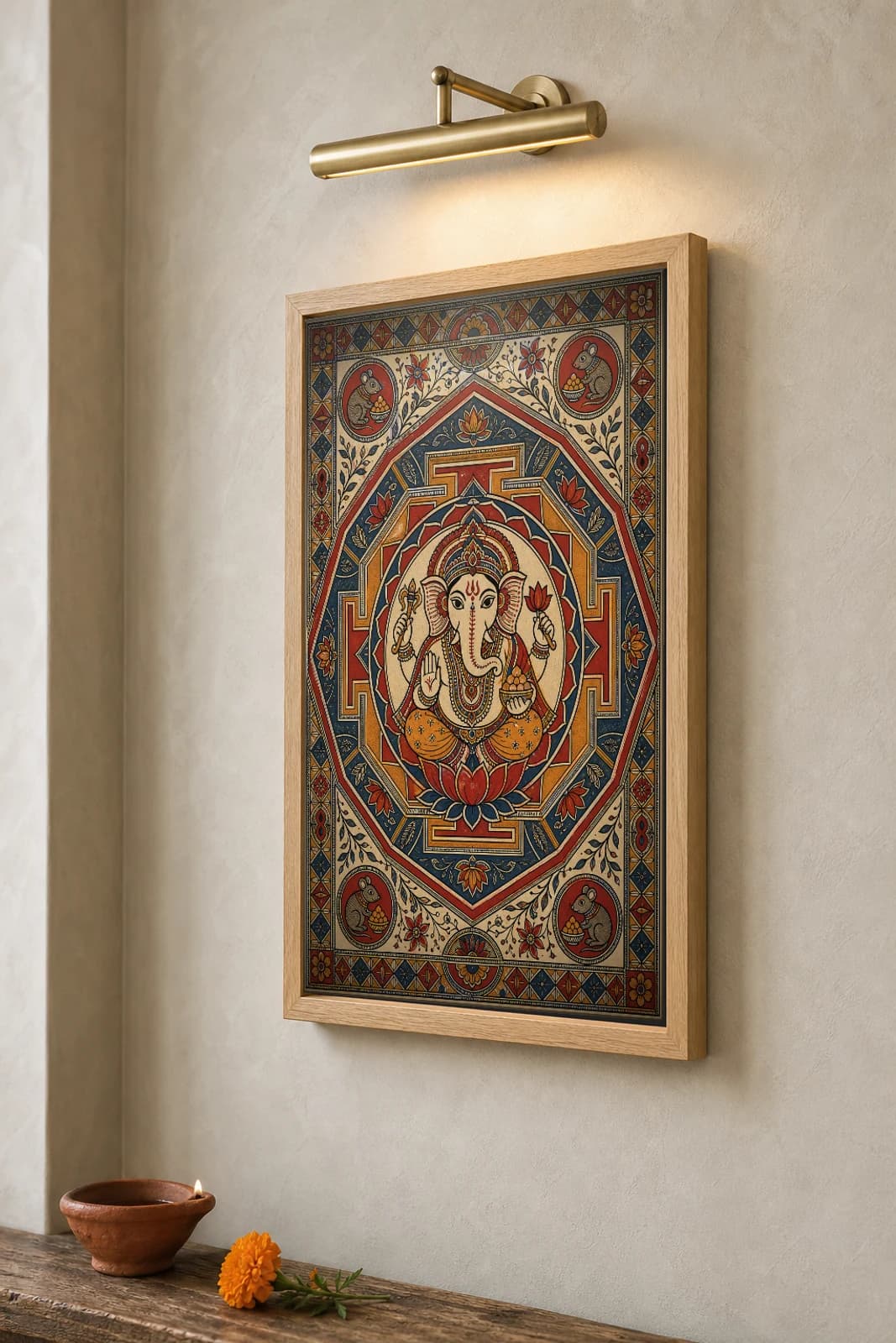 Ganesha Yantra Madhubani Poster — classical Mithila folk art wall decor · framed A2 · Madhubani, Mithila, Bihar — the framed print shown at a three-quarter angle on a styled gallery wall in a natural-oak frame