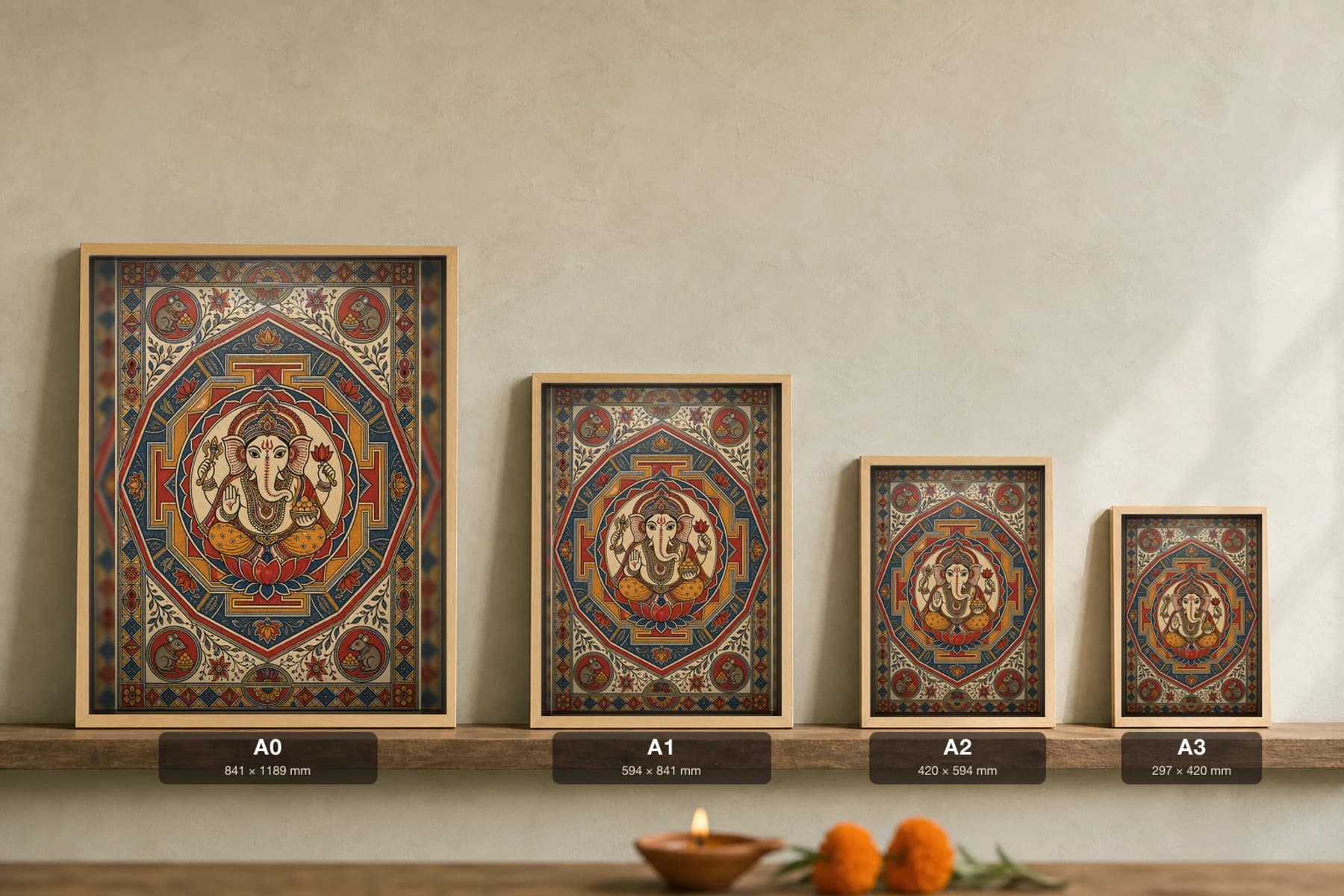 Ganesha Yantra Madhubani Poster — classical Mithila folk art wall decor · framed A2 · Madhubani, Mithila, Bihar — print size guide showing the artwork at A0, A1, A2 and A3 in natural-oak frames at true relative scale