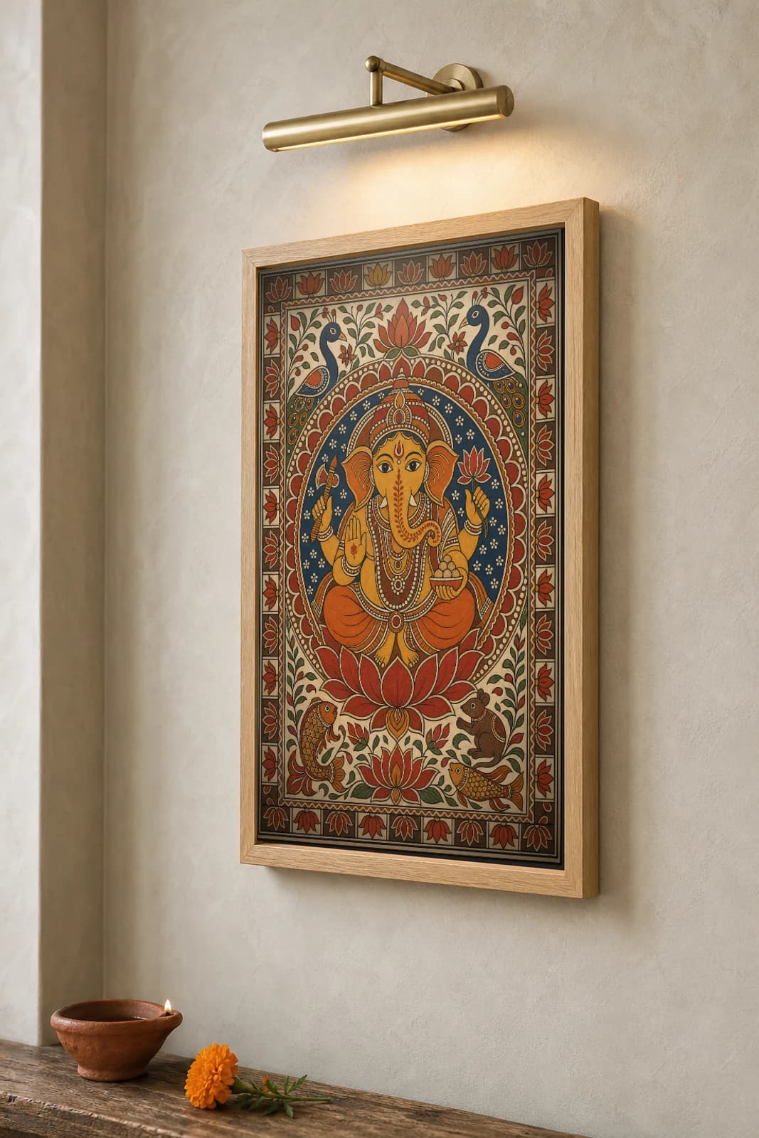 Ganesha Blessing Madhubani Poster — bharni Mithila folk art wall decor · framed A2 · Madhubani district, Mithila region, Bihar — the framed print shown at a three-quarter angle on a styled gallery wall in a natural-oak frame