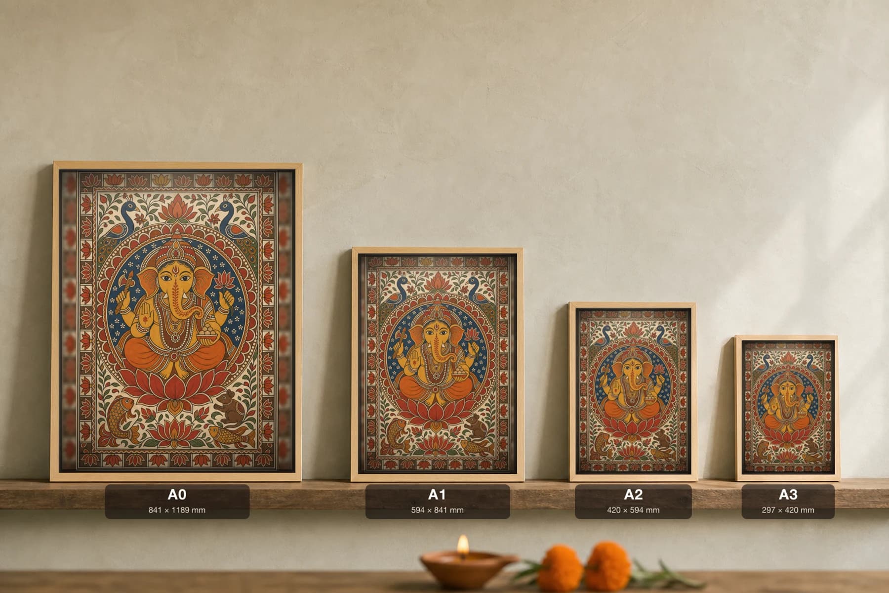 Ganesha Blessing Madhubani Poster — bharni Mithila folk art wall decor · framed A2 · Madhubani district, Mithila region, Bihar — print size guide showing the artwork at A0, A1, A2 and A3 in natural-oak frames at true relative scale