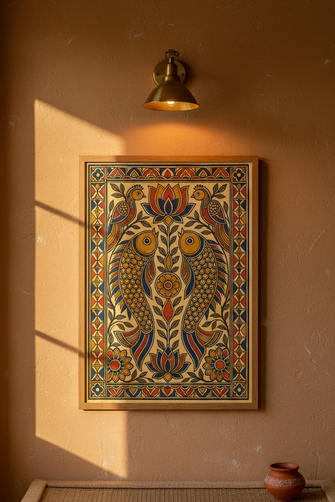 Geru Ochre Line Madhubani print in natural_oak A2 frame on geru-ochre terracotta limewash wall — Mithila folk art mockup
