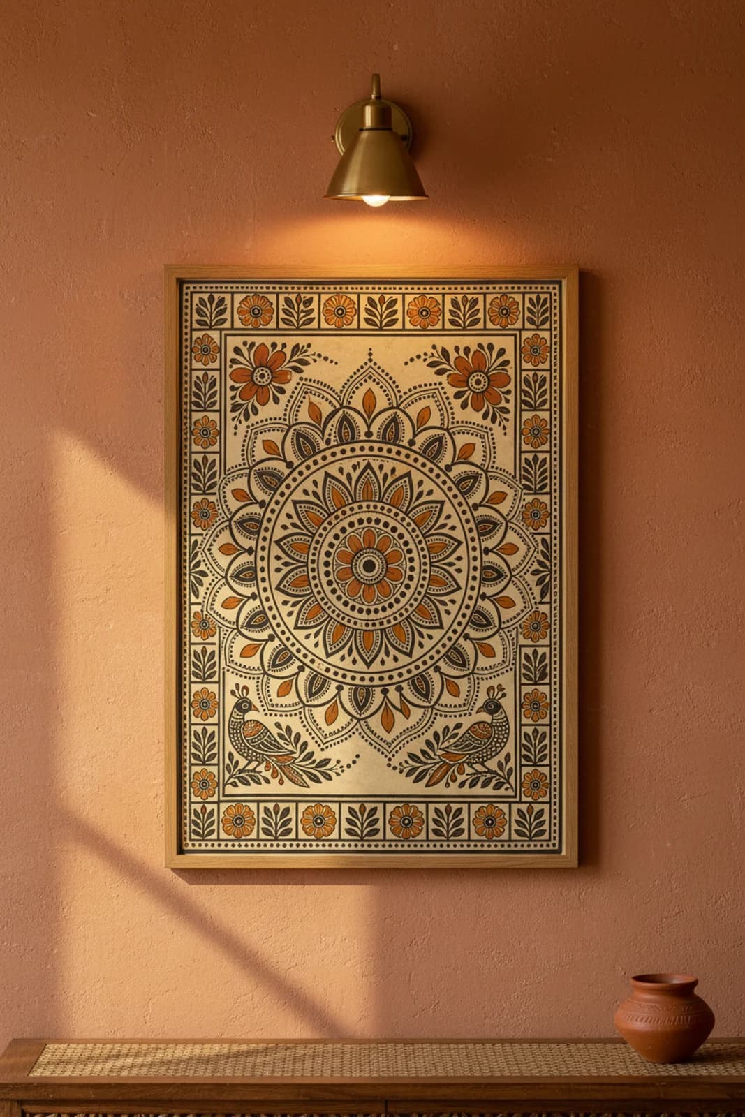 Godna Concentric Flower Madhubani print in natural_oak A2 frame on terracotta-ochre terracotta limewash wall — Mithila folk art mockup