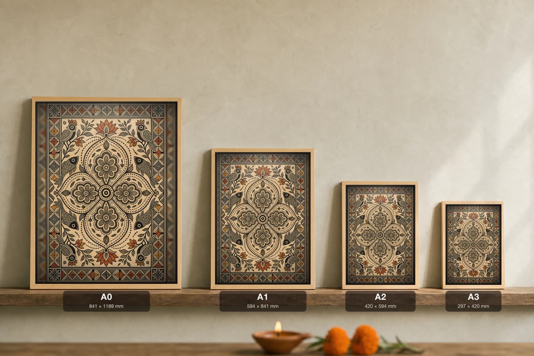 Godna Dot Field Madhubani Poster — classical Mithila folk art wall decor · framed A2 · Rajnagar, Mithila, Bihar — print size guide showing the artwork at A0, A1, A2 and A3 in natural-oak frames at true relative scale