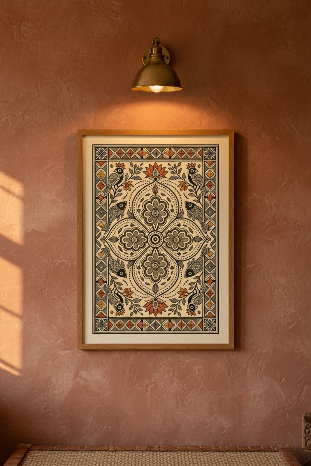 Godna Dot Field Madhubani print in natural_oak A2 frame on lampblack-stipple terracotta limewash wall — Mithila folk art mockup