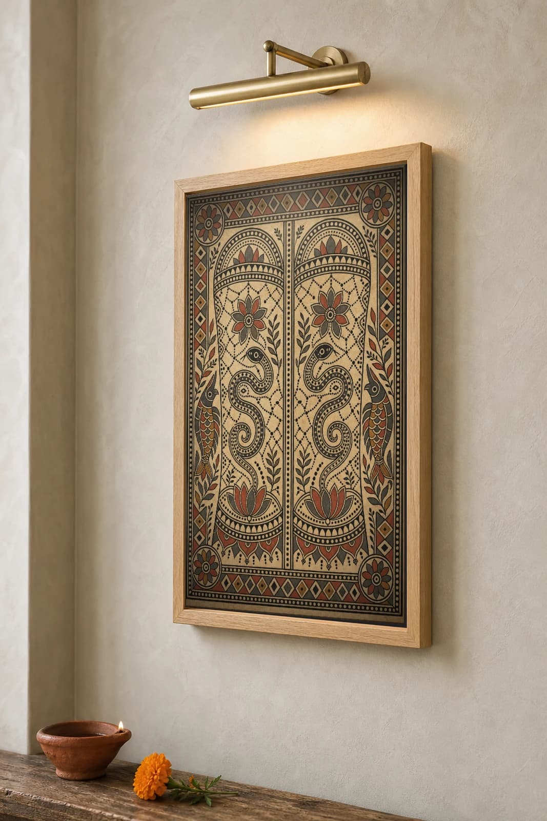 Godna Tribal Arm Band Madhubani Poster — classical Mithila folk art wall decor · framed A2 · Madhubani, Mithila, Bihar — the framed print shown at a three-quarter angle on a styled gallery wall in a natural-oak frame
