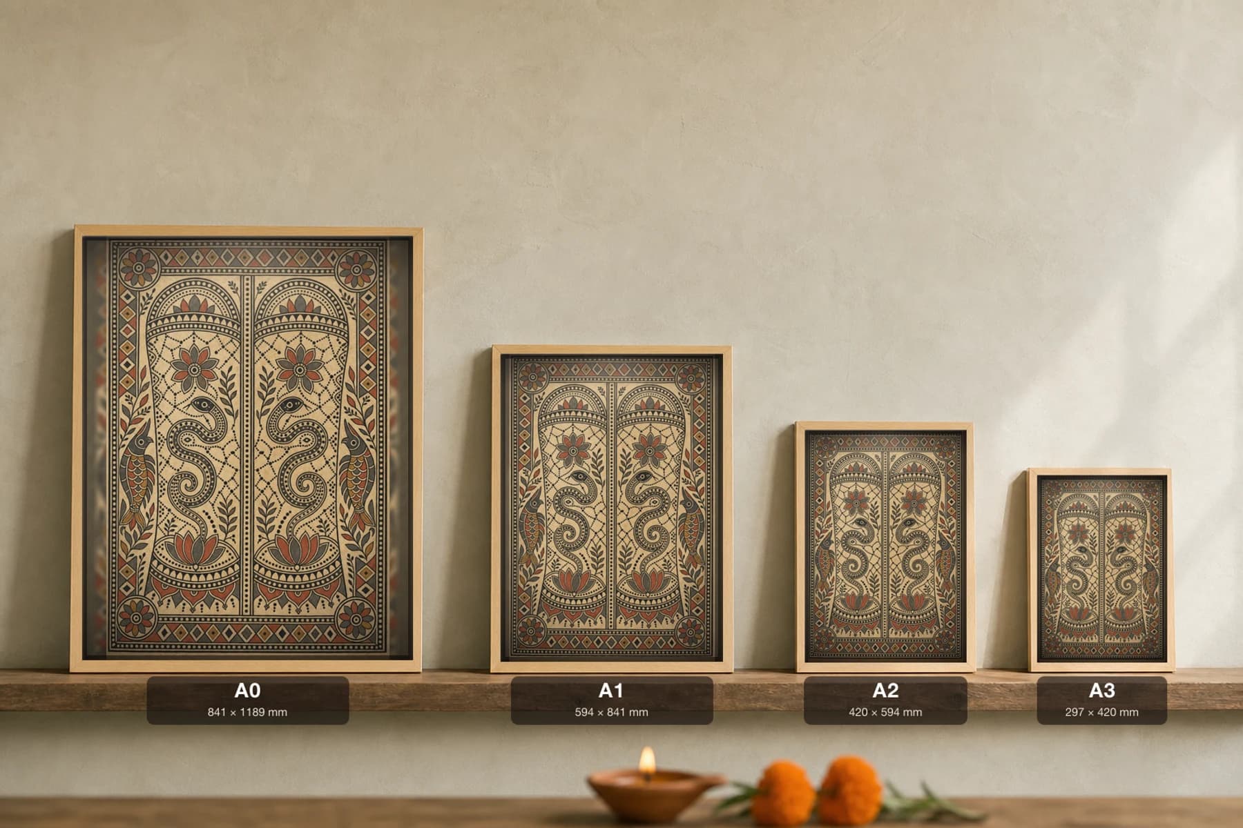 Godna Tribal Arm Band Madhubani Poster — classical Mithila folk art wall decor · framed A2 · Madhubani, Mithila, Bihar — print size guide showing the artwork at A0, A1, A2 and A3 in natural-oak frames at true relative scale