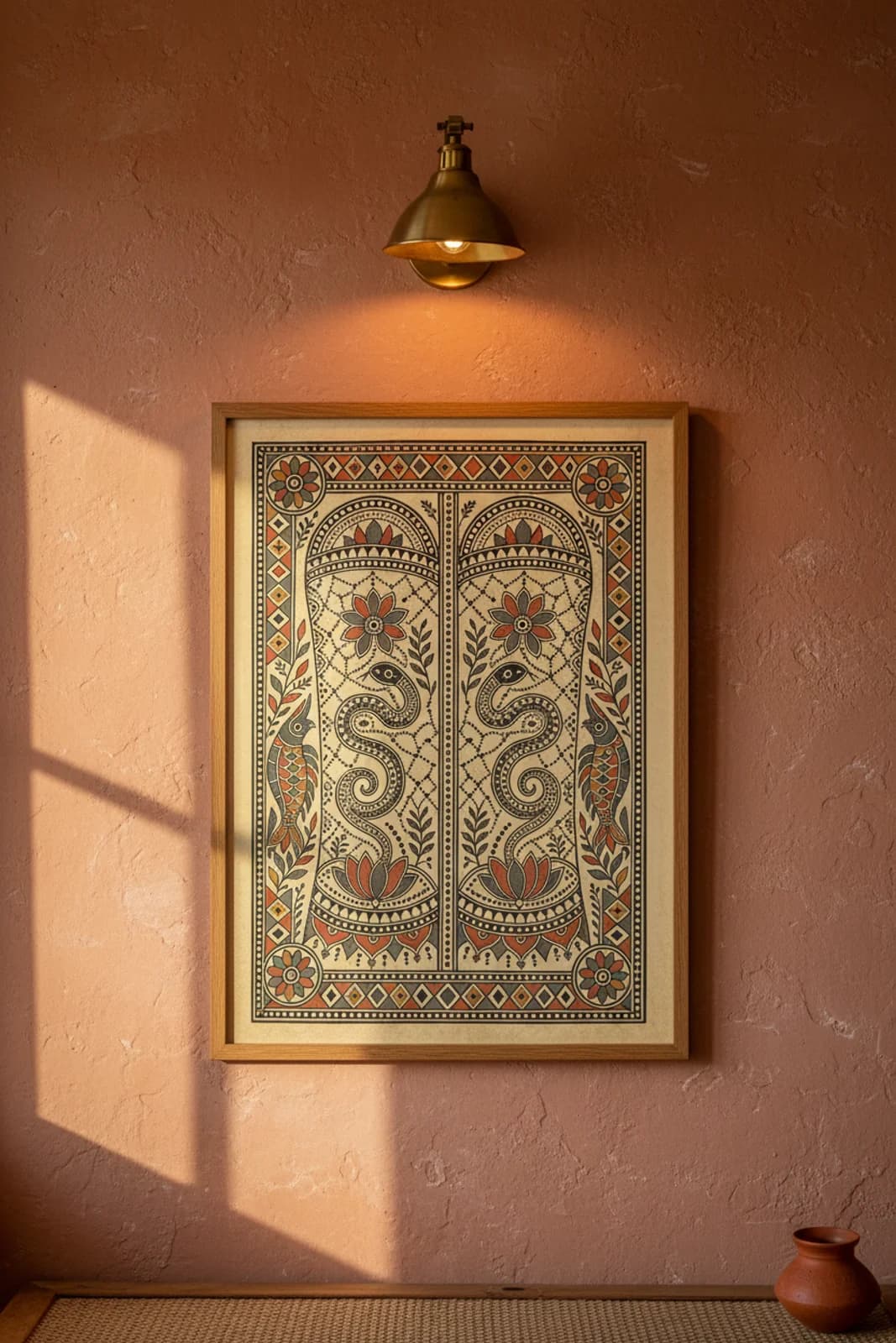 Godna Arm Band Madhubani print in natural_oak A2 frame on terracotta-vermillion terracotta limewash wall — Mithila folk art mockup