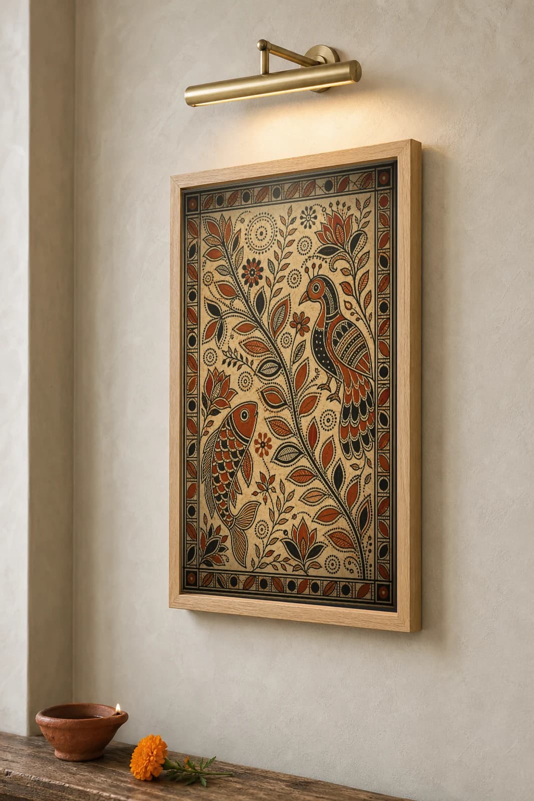 Godna Vine Scroll Madhubani Poster — classical Mithila folk art wall decor · framed A2 · Madhubani, Mithila, Bihar — the framed print shown at a three-quarter angle on a styled gallery wall in a natural-oak frame