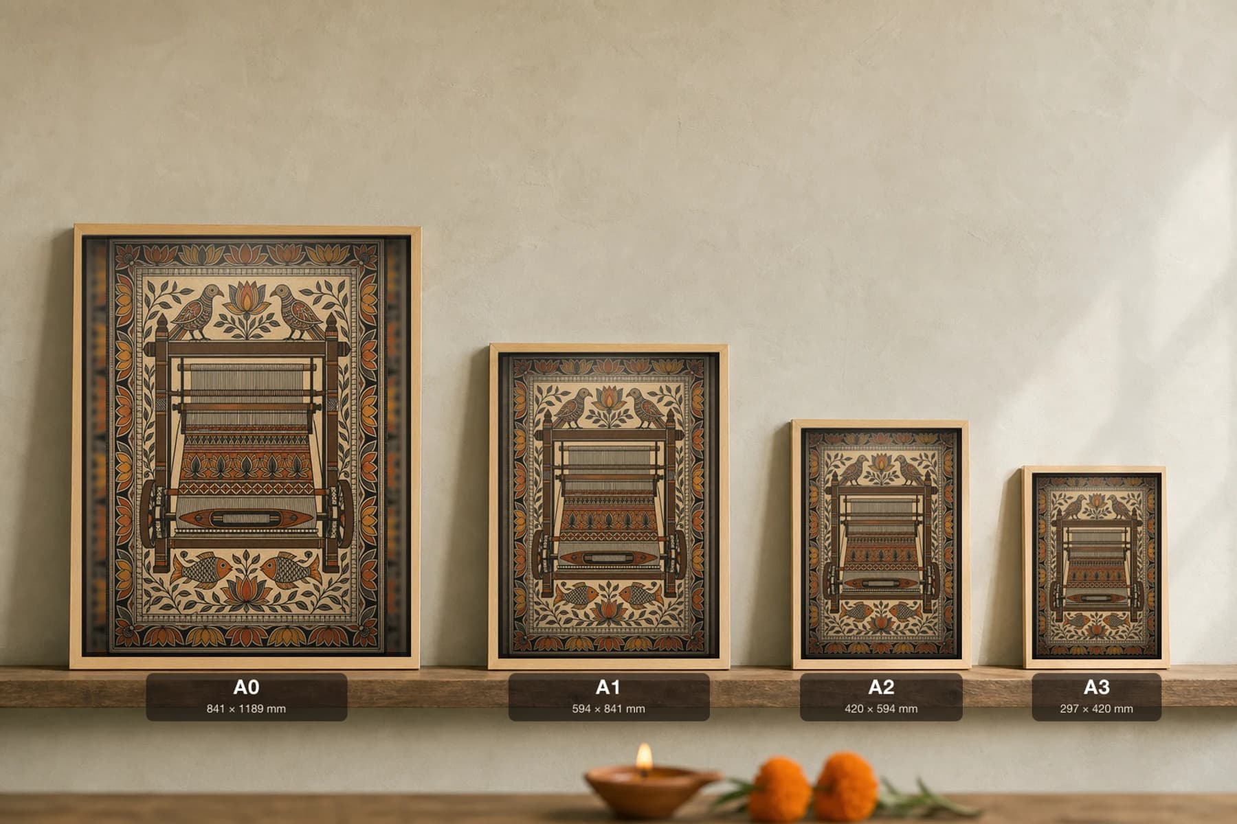 Handloom Loom with Shuttle Weaving Madhubani Poster — kachni Mithila folk art wall decor · framed A2 · Mithila (Bihar) grammar applied to Varanasi handloom and Banarasi textile heritage — print size guide showing the artwork at A0, A1, A2 and A3 in natural-oak frames at true relative scale