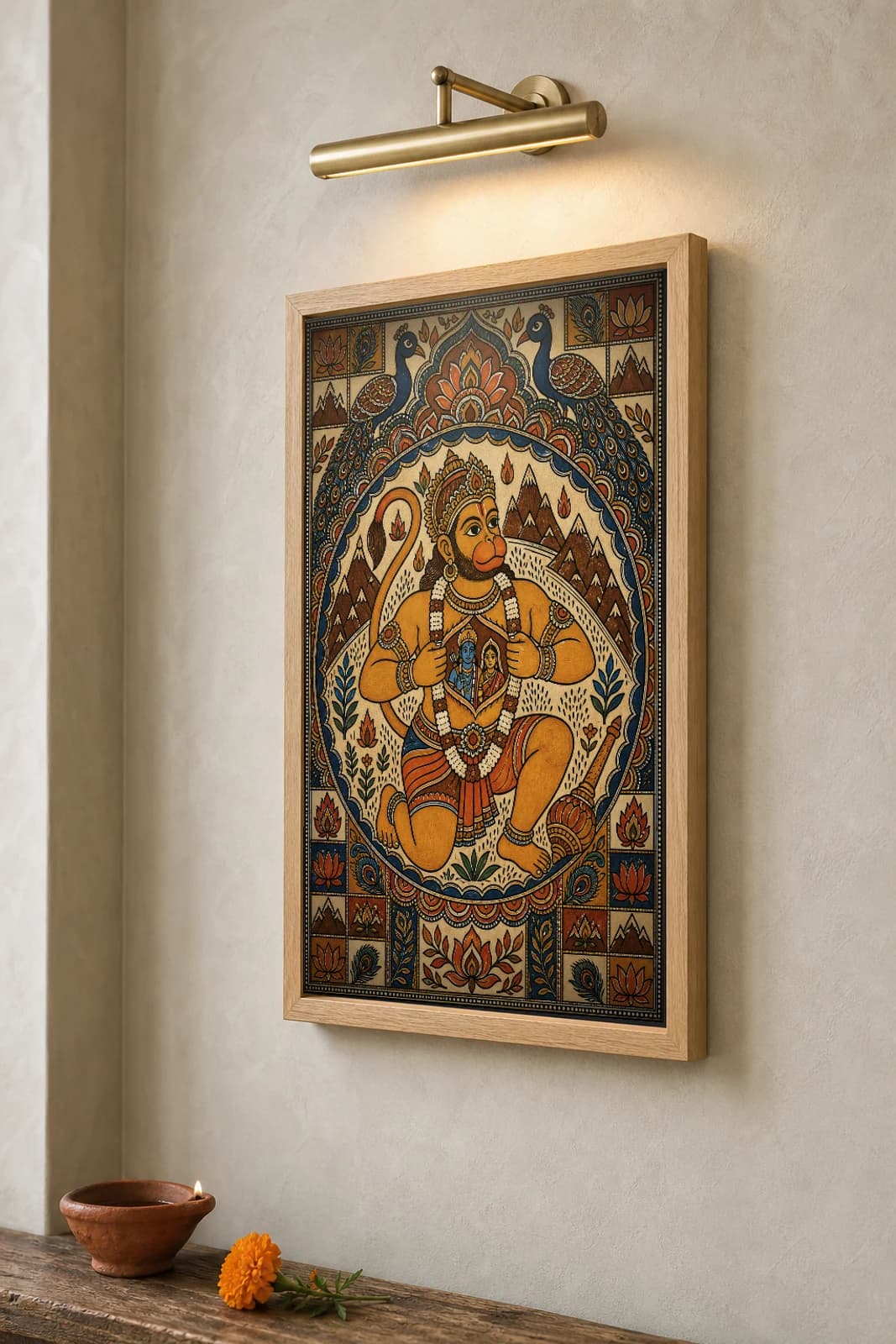 Hanuman Devotion Madhubani Poster — bharni Mithila folk art wall decor · framed A2 · Madhubani district, Mithila region, Bihar — the framed print shown at a three-quarter angle on a styled gallery wall in a natural-oak frame