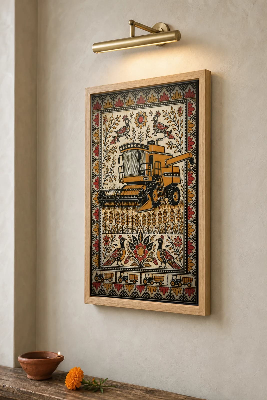 Harvest Combine Madhubani Poster — bharni Mithila folk art wall decor · framed A2 · Punjab, Mithila, Bihar — the framed print shown at a three-quarter angle on a styled gallery wall in a natural-oak frame