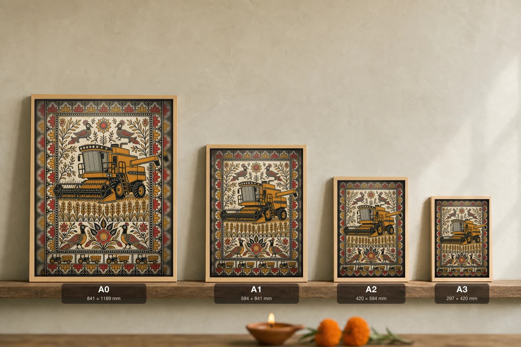 Harvest Combine Madhubani Poster — bharni Mithila folk art wall decor · framed A2 · Punjab, Mithila, Bihar — print size guide showing the artwork at A0, A1, A2 and A3 in natural-oak frames at true relative scale
