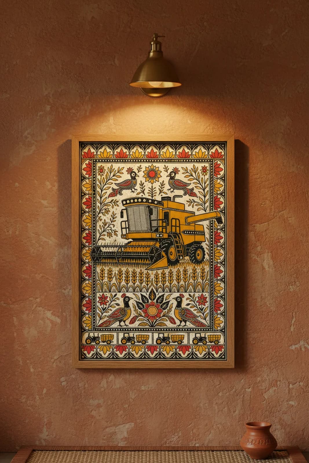 Harvest Combine Madhubani print in natural_oak A2 frame on mustard-yellow terracotta limewash wall — Mithila folk art mockup
