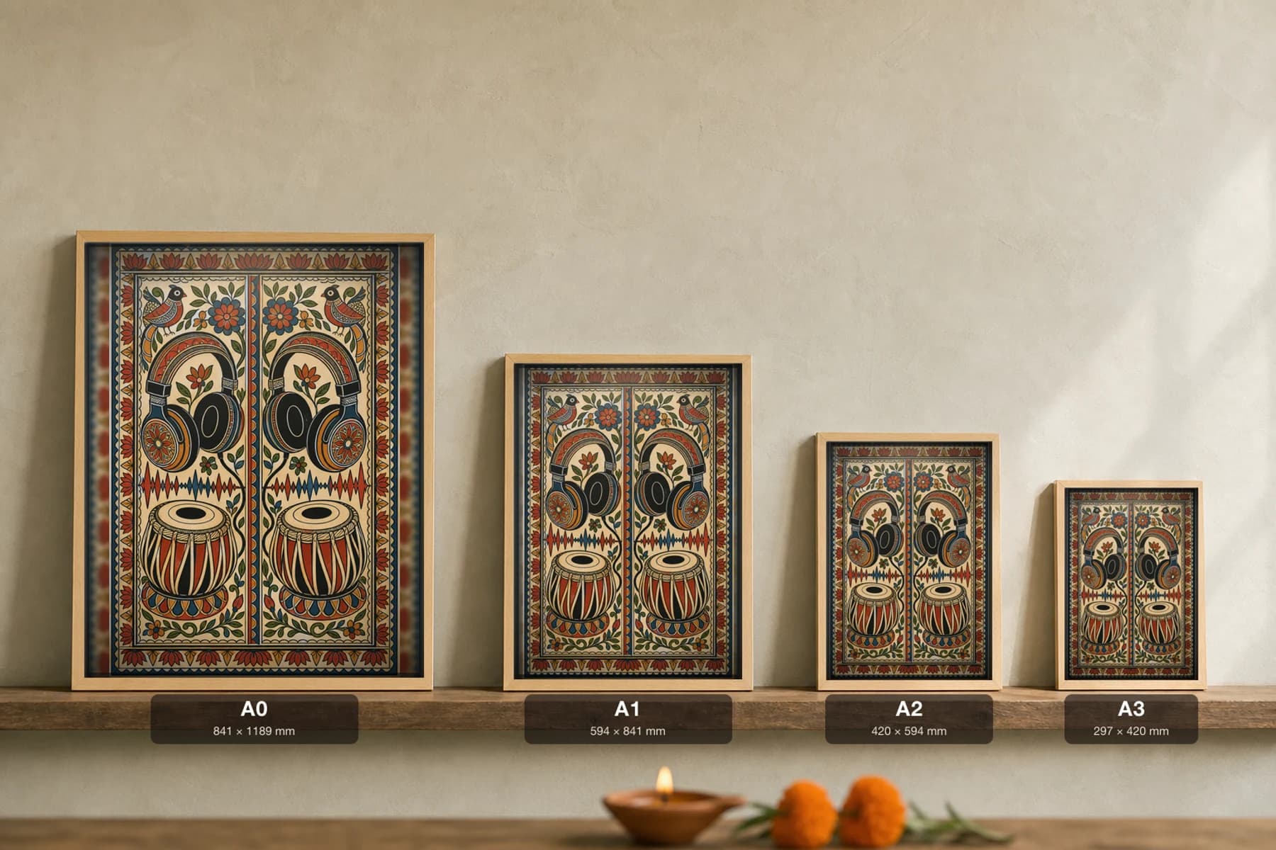 Headphones Tabla Fusion Madhubani Poster — bharni Mithila folk art wall decor · framed A2 · Delhi — print size guide showing the artwork at A0, A1, A2 and A3 in natural-oak frames at true relative scale