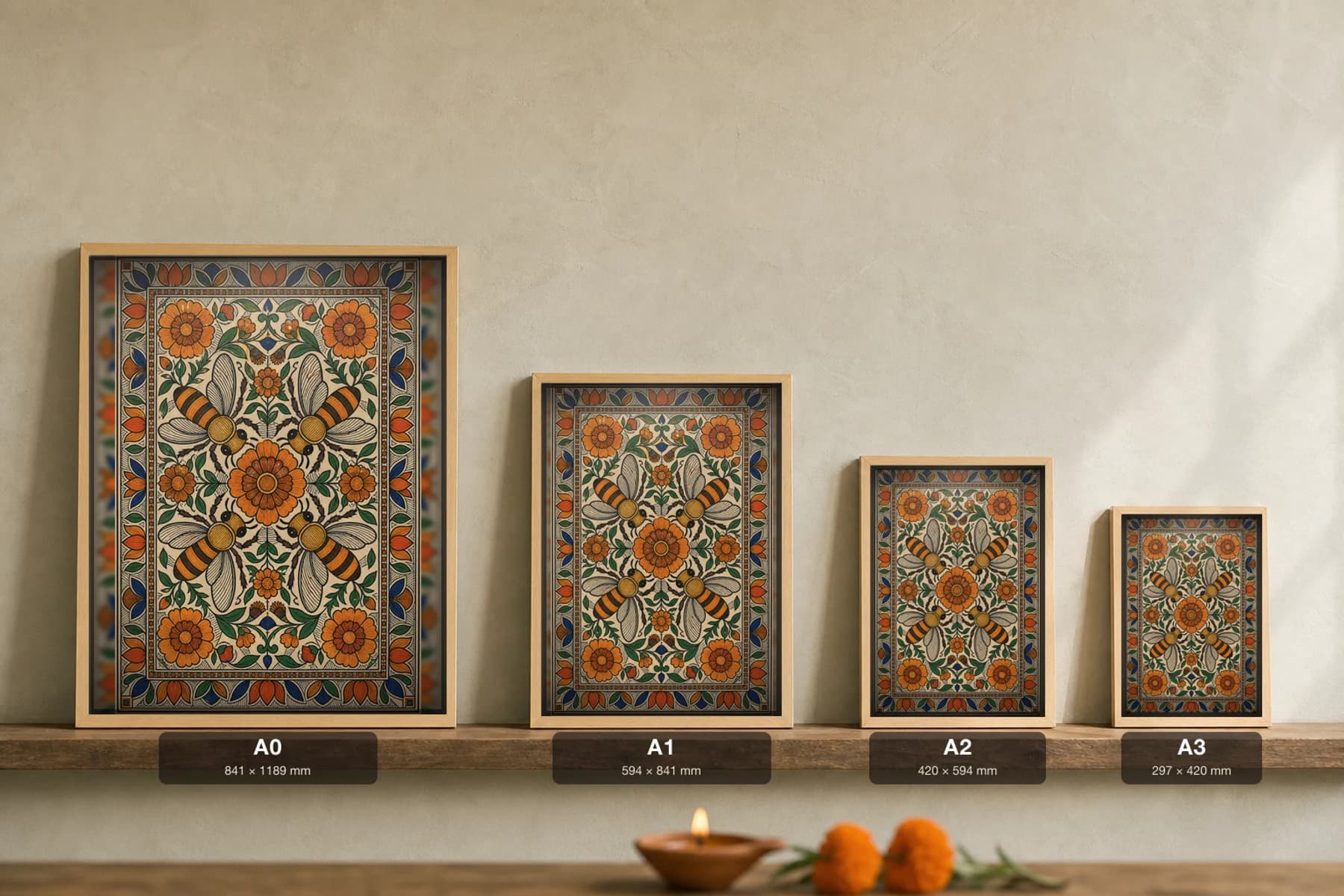 Honeybee Garden Madhubani Poster — kachni Mithila folk art wall decor · framed A2 · Ranti, Mithila, Bihar — print size guide showing the artwork at A0, A1, A2 and A3 in natural-oak frames at true relative scale