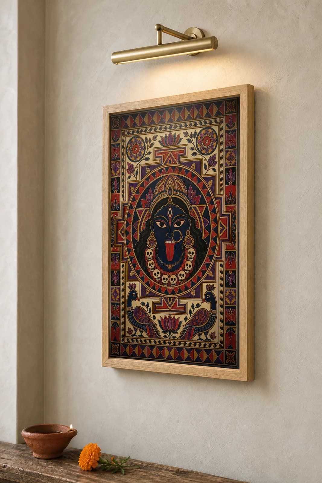 Kali Symbolic Madhubani Poster — classical Mithila folk art wall decor · framed A2 · Madhubani, Mithila, Bihar — the framed print shown at a three-quarter angle on a styled gallery wall in a natural-oak frame