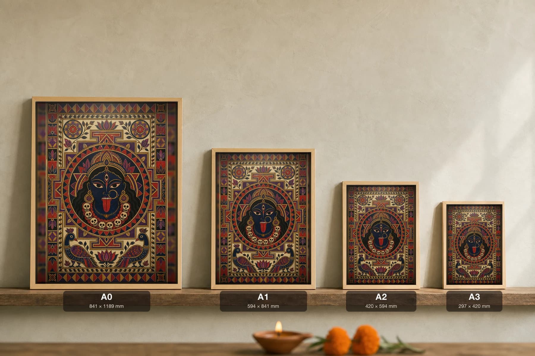 Kali Symbolic Madhubani Poster — classical Mithila folk art wall decor · framed A2 · Madhubani, Mithila, Bihar — print size guide showing the artwork at A0, A1, A2 and A3 in natural-oak frames at true relative scale