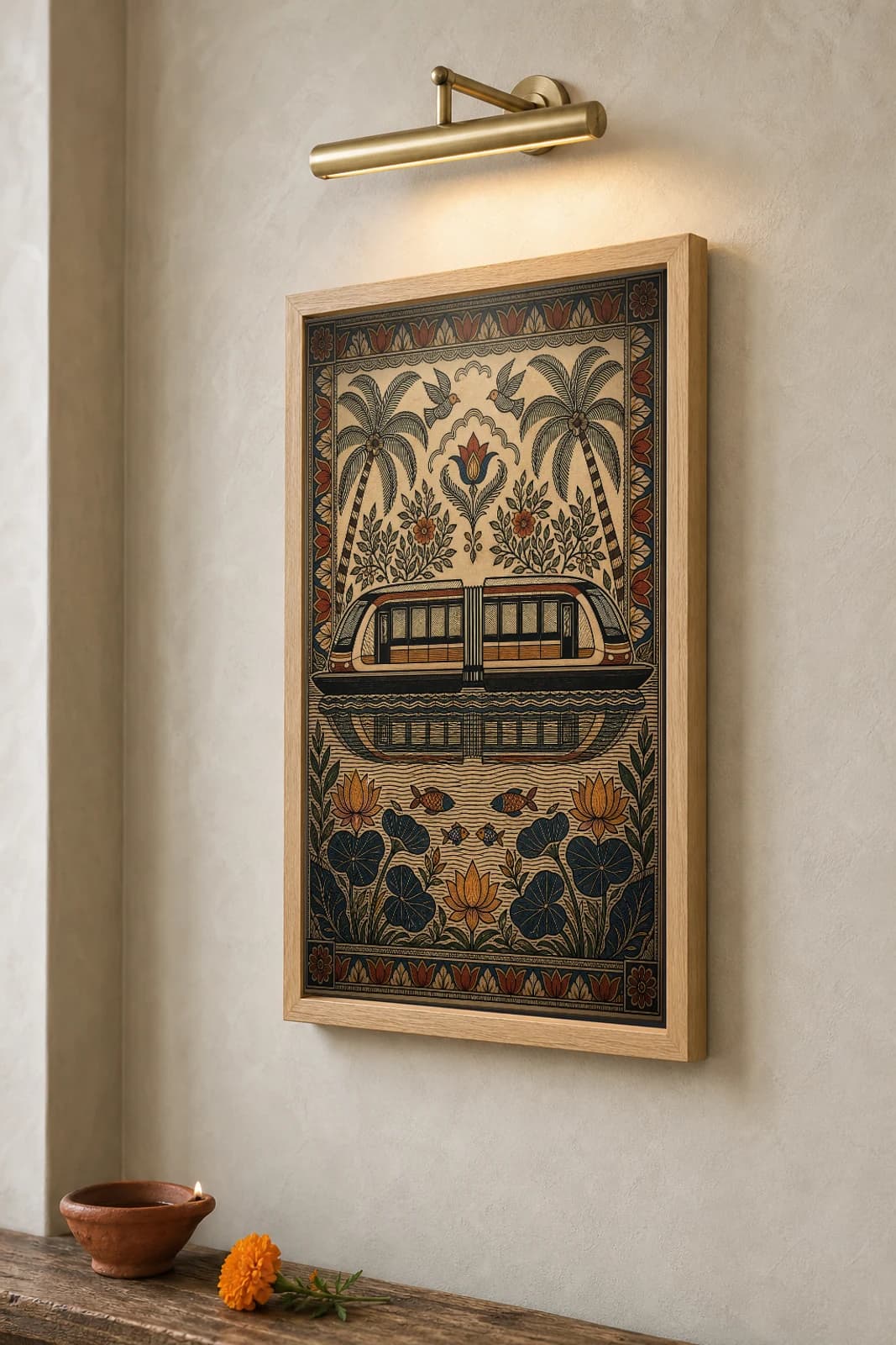 Kochi Water Metro Catamaran on Backwaters Madhubani Poster — kachni Mithila folk art wall decor · framed A2 · Mithila (Bihar) grammar applied to Kochi backwater transit and Kerala coastal landscape — the framed print shown at a three-quarter angle on a styled gallery wall in a natural-oak frame
