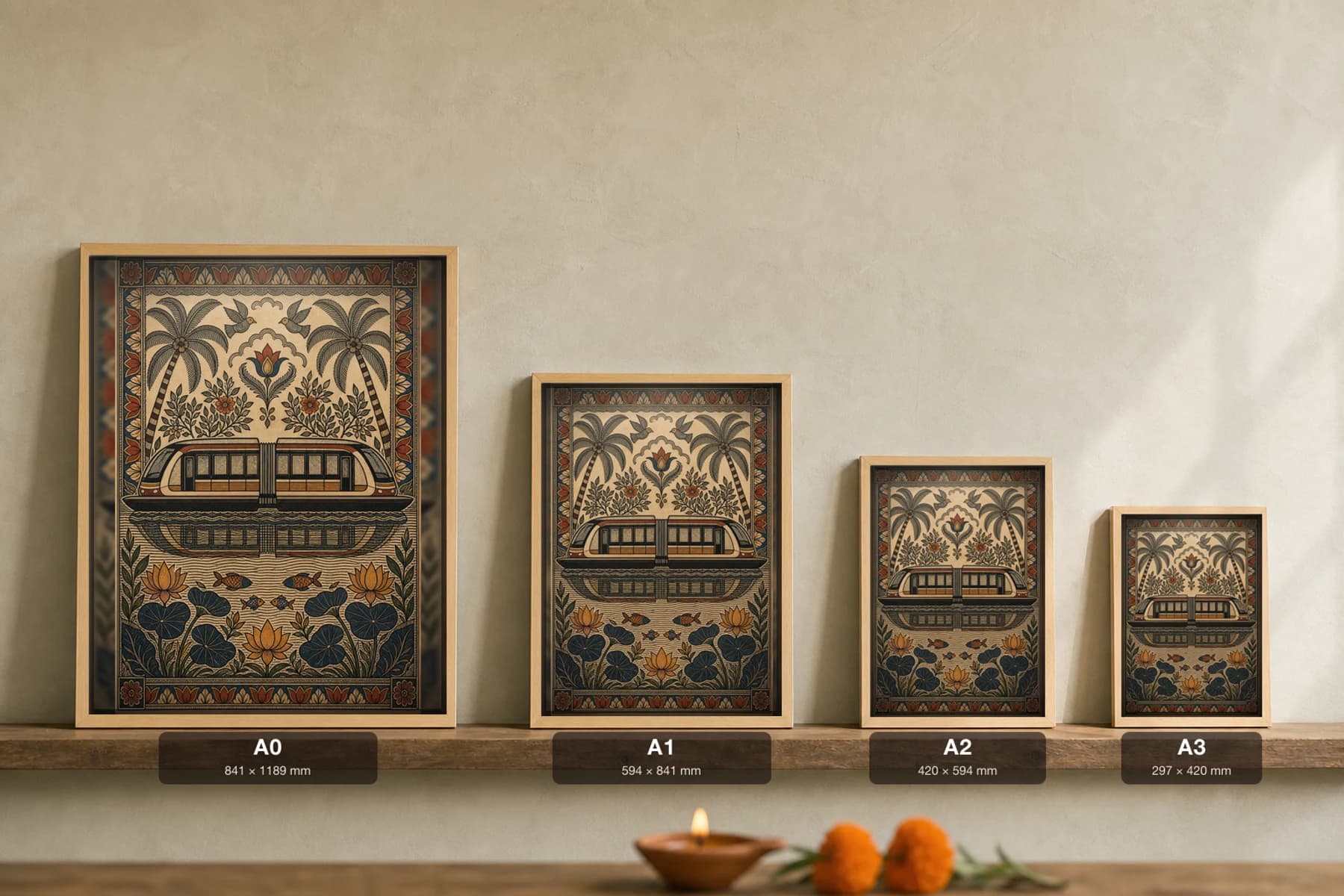 Kochi Water Metro Catamaran on Backwaters Madhubani Poster — kachni Mithila folk art wall decor · framed A2 · Mithila (Bihar) grammar applied to Kochi backwater transit and Kerala coastal landscape — print size guide showing the artwork at A0, A1, A2 and A3 in natural-oak frames at true relative scale
