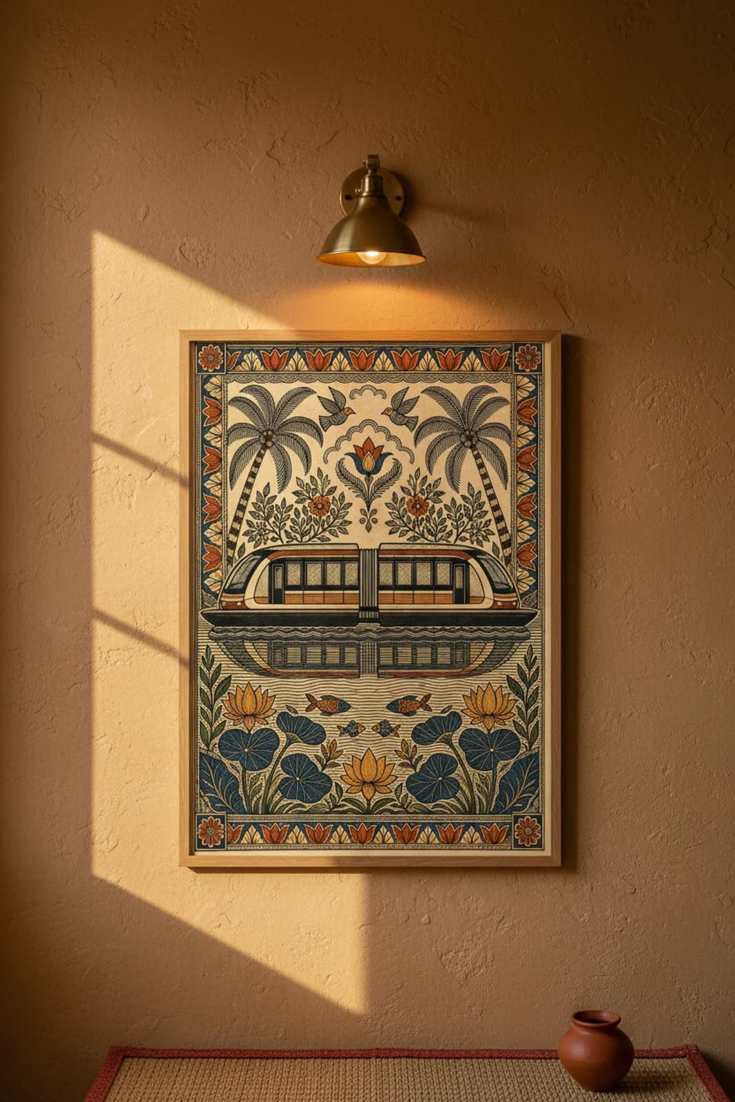 Kochi Water Metro Madhubani print in natural_oak A2 frame on mustard-ochre terracotta limewash wall — Mithila folk art mockup