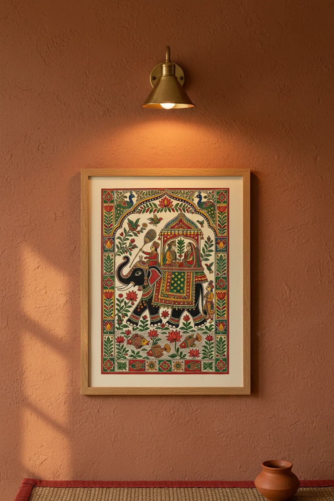 Kohbar Elephant Wedding Madhubani print in natural_oak A2 frame on lamp-black terracotta limewash wall — Mithila folk art mockup