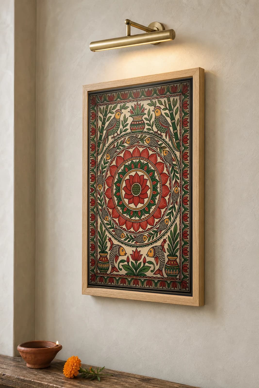 Lotus Feminine Madhubani Poster — kohbar Mithila folk art wall decor · framed A2 · Madhubani, Mithila, Bihar — the framed print shown at a three-quarter angle on a styled gallery wall in a natural-oak frame