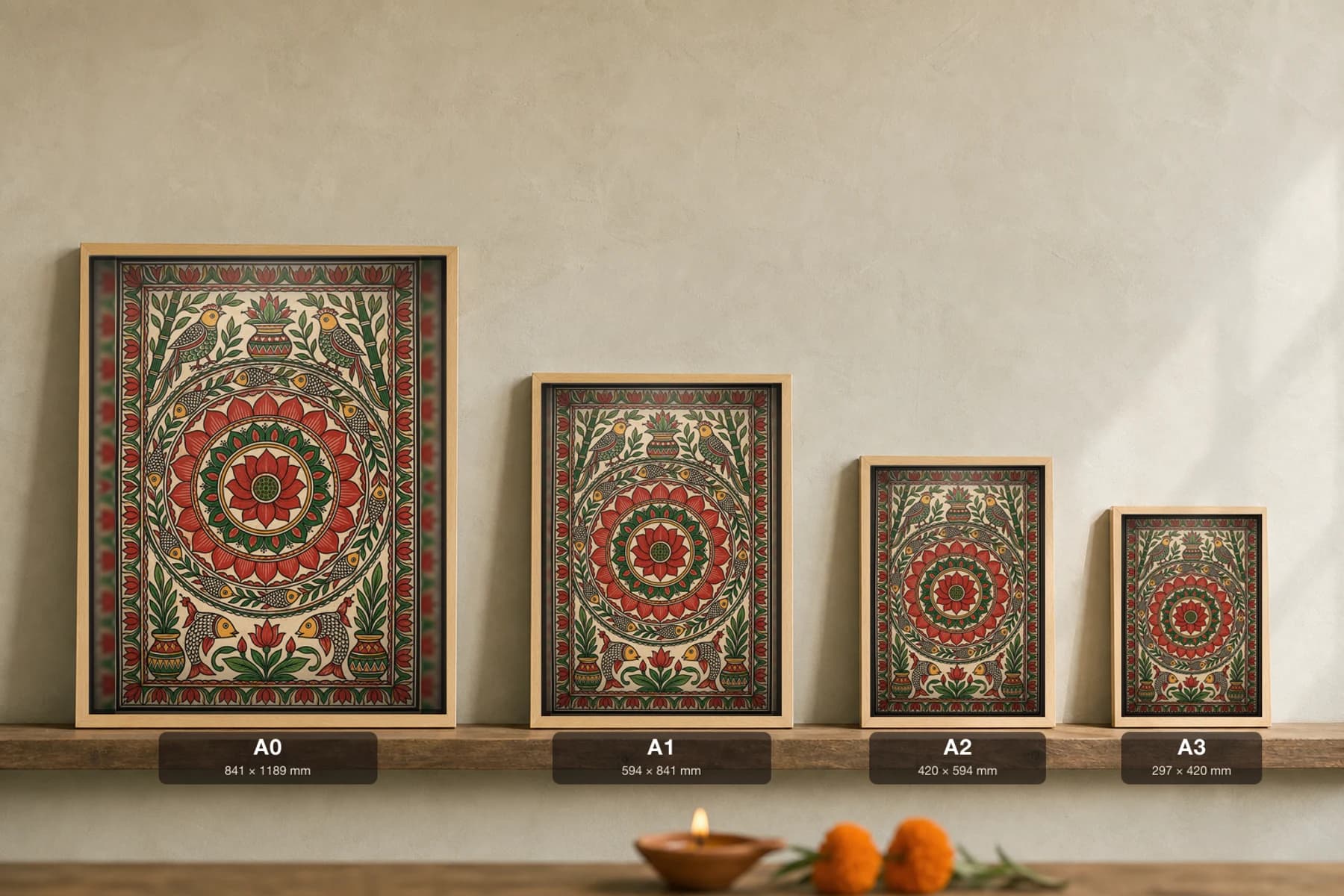 Lotus Feminine Madhubani Poster — kohbar Mithila folk art wall decor · framed A2 · Madhubani, Mithila, Bihar — print size guide showing the artwork at A0, A1, A2 and A3 in natural-oak frames at true relative scale