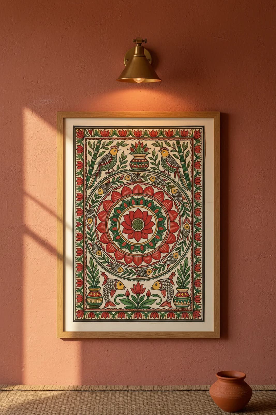 Kohbar Lotus Feminine Madhubani print in natural_oak A2 frame on vermillion-red terracotta limewash wall — Mithila folk art mockup
