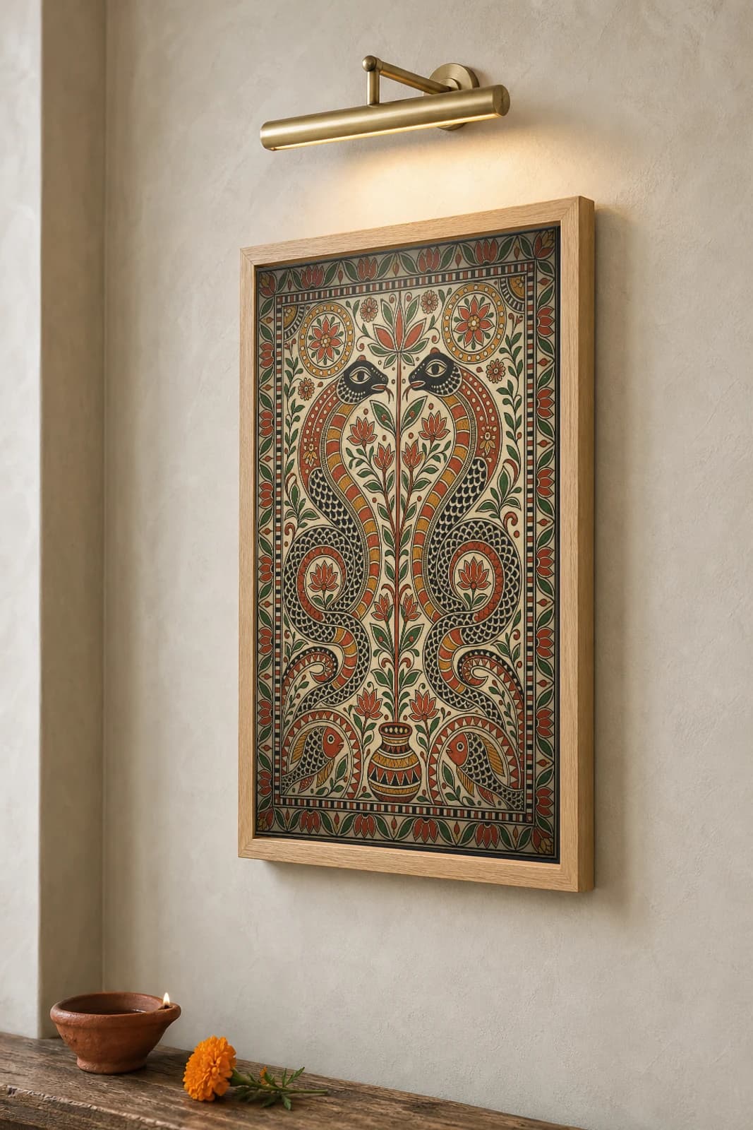 Naga Union Madhubani Poster — kohbar Mithila folk art wall decor · framed A2 · Ranti, Madhubani district, Bihar — the framed print shown at a three-quarter angle on a styled gallery wall in a natural-oak frame