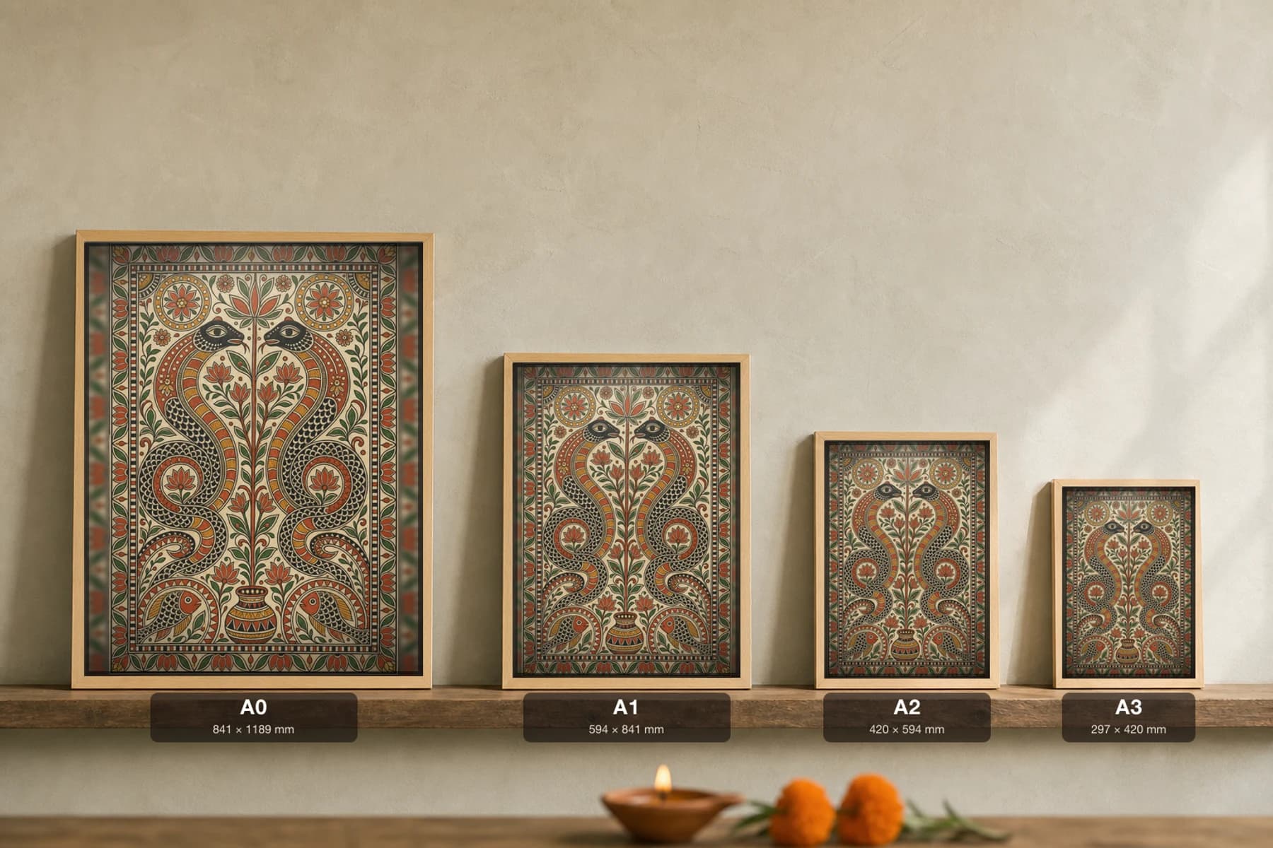 Naga Union Madhubani Poster — kohbar Mithila folk art wall decor · framed A2 · Ranti, Madhubani district, Bihar — print size guide showing the artwork at A0, A1, A2 and A3 in natural-oak frames at true relative scale