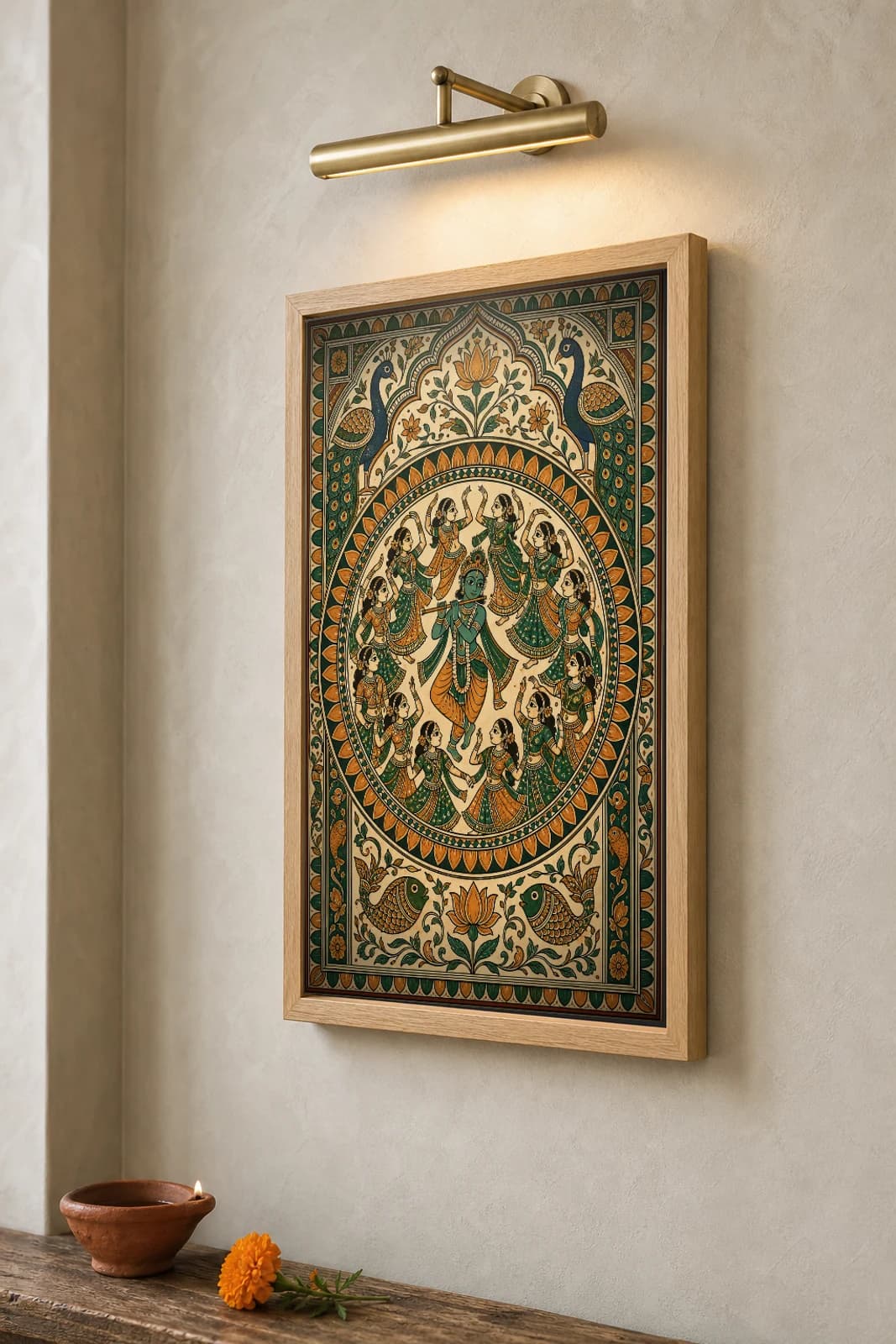 Krishna Rasa Madhubani Poster — bharni Mithila folk art wall decor · framed A2 · Darbhanga, Mithila, Bihar — the framed print shown at a three-quarter angle on a styled gallery wall in a natural-oak frame