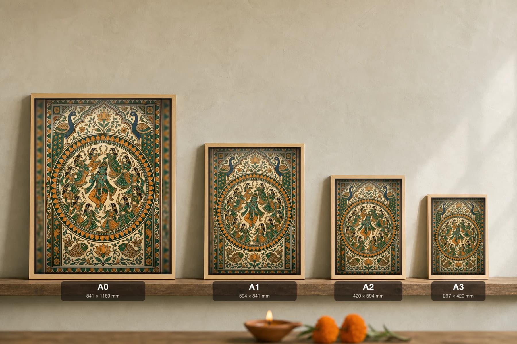 Krishna Rasa Madhubani Poster — bharni Mithila folk art wall decor · framed A2 · Darbhanga, Mithila, Bihar — print size guide showing the artwork at A0, A1, A2 and A3 in natural-oak frames at true relative scale