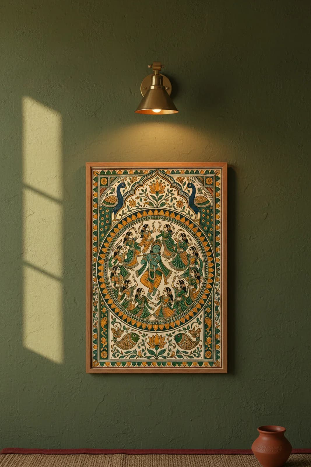 Krishna Rasa Madhubani print in natural_oak A2 frame on forest-green terracotta limewash wall — Mithila folk art mockup