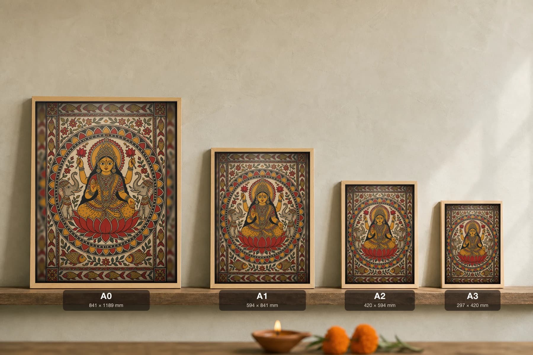Lakshmi Lotus Madhubani Poster — bharni Mithila folk art wall decor · framed A2 · Madhubani district, Mithila region, Bihar — print size guide showing the artwork at A0, A1, A2 and A3 in natural-oak frames at true relative scale