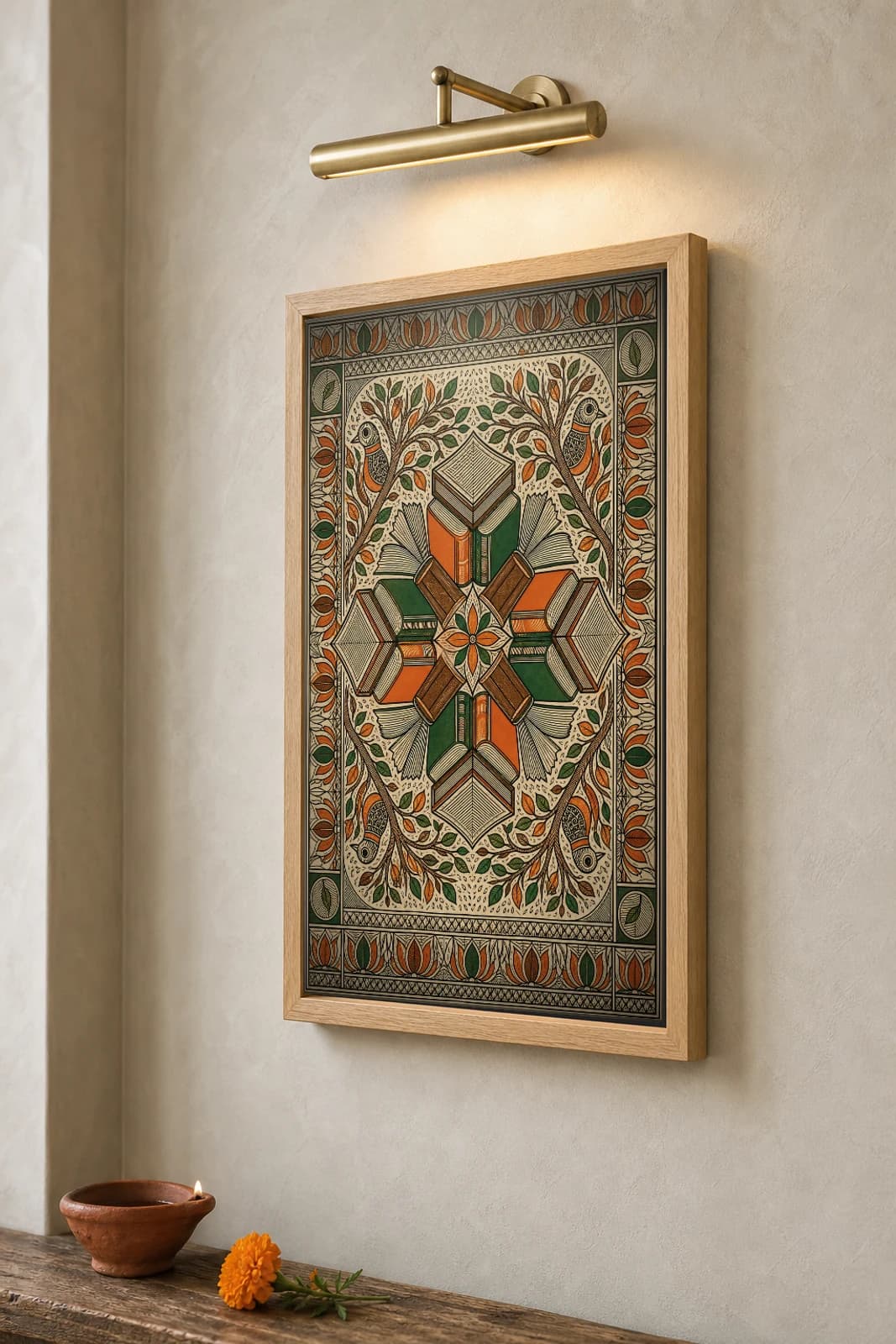 Library Books Fourfold Stack Madhubani Poster — kachni Mithila folk art wall decor · framed A2 · Mithila (Bihar) grammar applied to Shantiniketan literary Bengal and Visva-Bharati reading culture — the framed print shown at a three-quarter angle on a styled gallery wall in a natural-oak frame