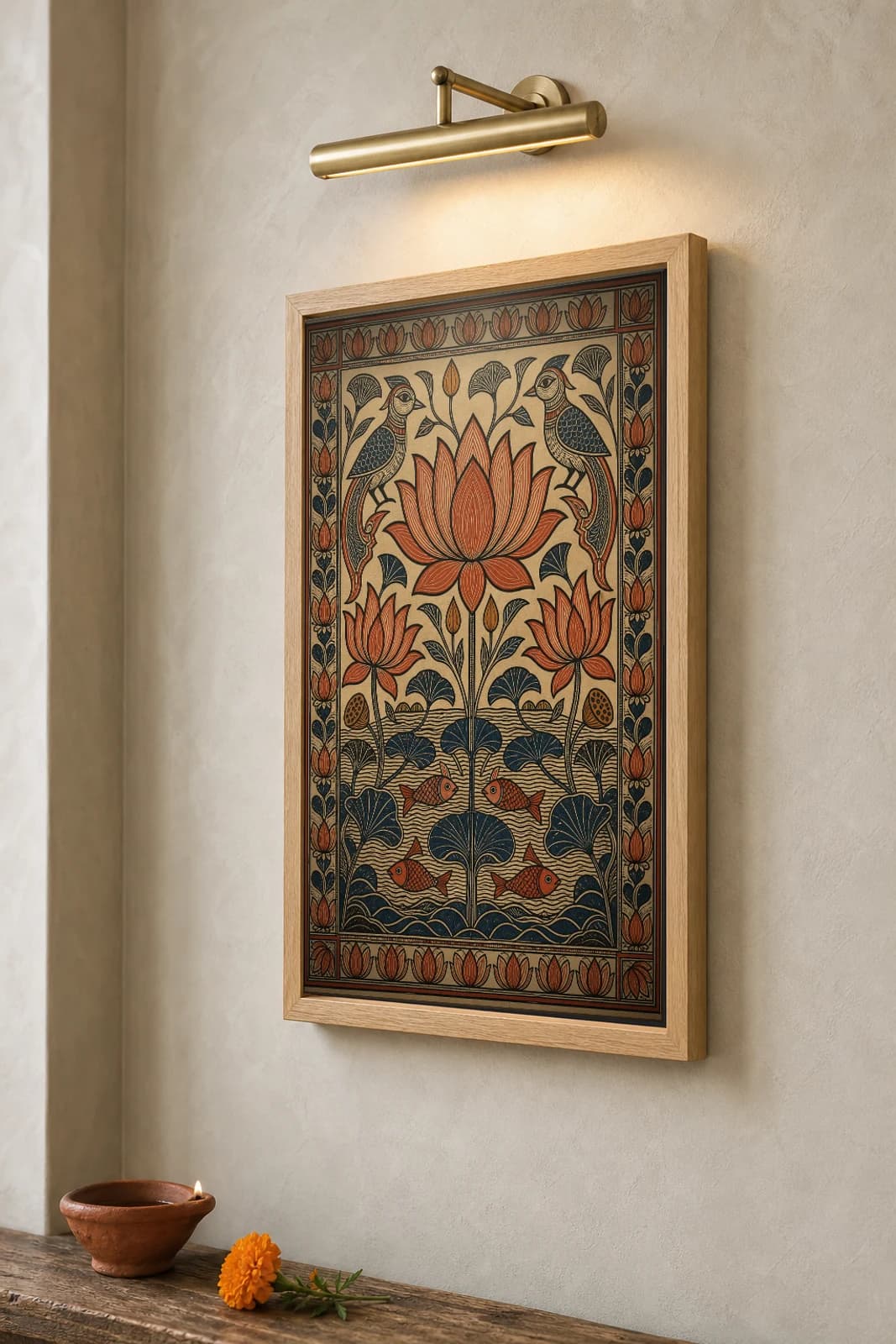 Lotus Pond Minimal Madhubani Poster — kachni Mithila folk art wall decor · framed A2 · Darbhanga, Mithila, Bihar — the framed print shown at a three-quarter angle on a styled gallery wall in a natural-oak frame