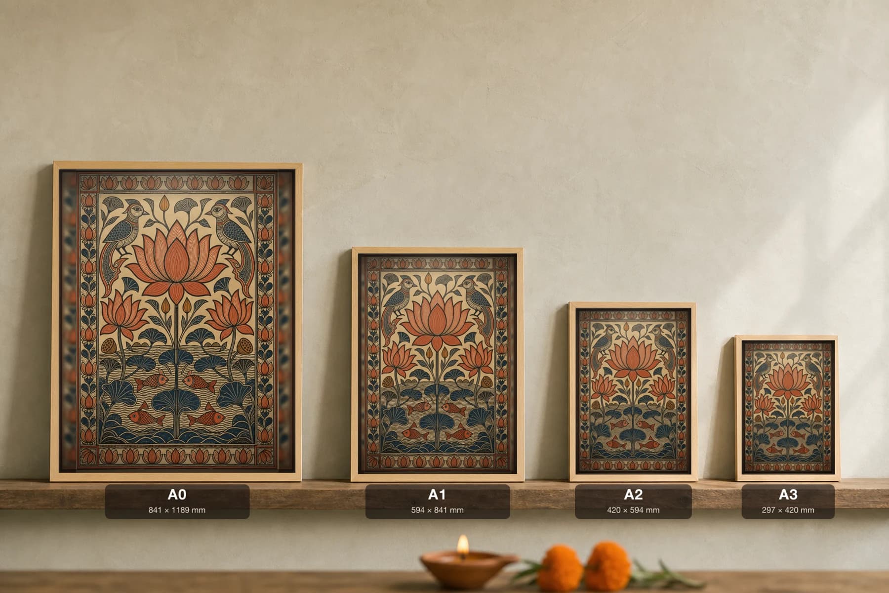 Lotus Pond Minimal Madhubani Poster — kachni Mithila folk art wall decor · framed A2 · Darbhanga, Mithila, Bihar — print size guide showing the artwork at A0, A1, A2 and A3 in natural-oak frames at true relative scale
