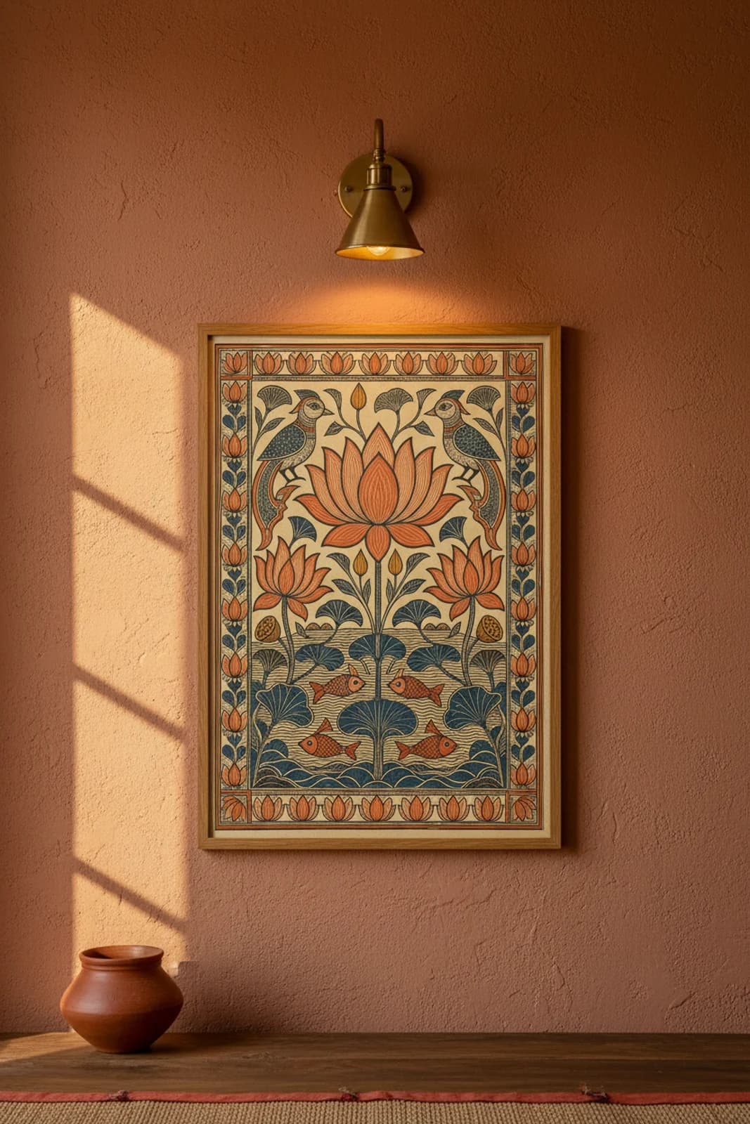 Lotus Pond Minimal Madhubani print in natural_oak A2 frame on lamp-black terracotta limewash wall — Mithila folk art mockup